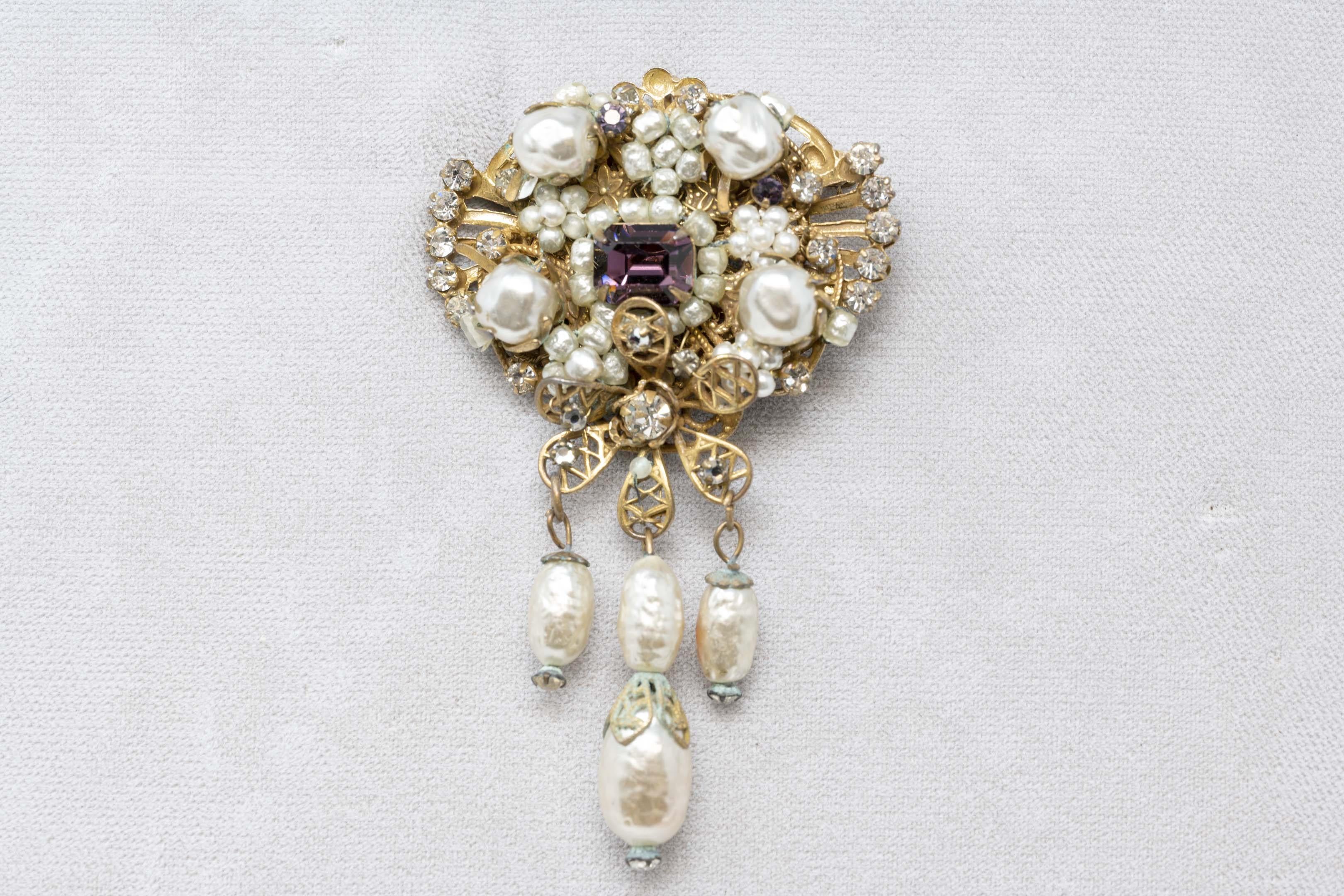 Round Cut Original by Robert Faux Pearls and Rhinestones Brooch For Sale