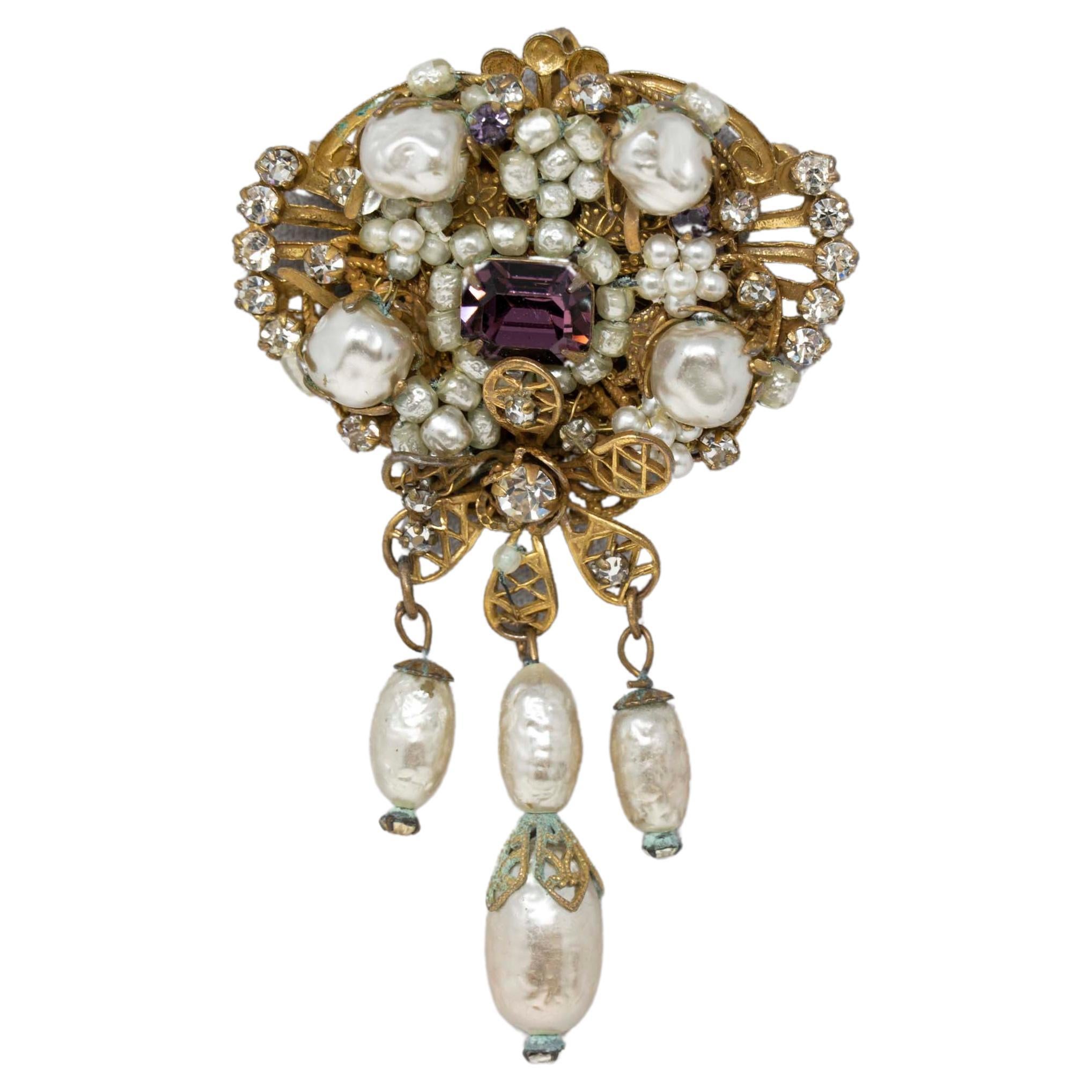 Original by Robert Faux Pearls and Rhinestones Brooch For Sale