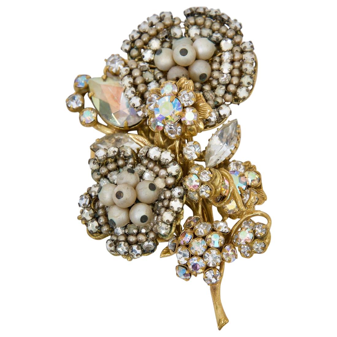Original by Robert Floral Brooch with Crystals and Pearls For Sale