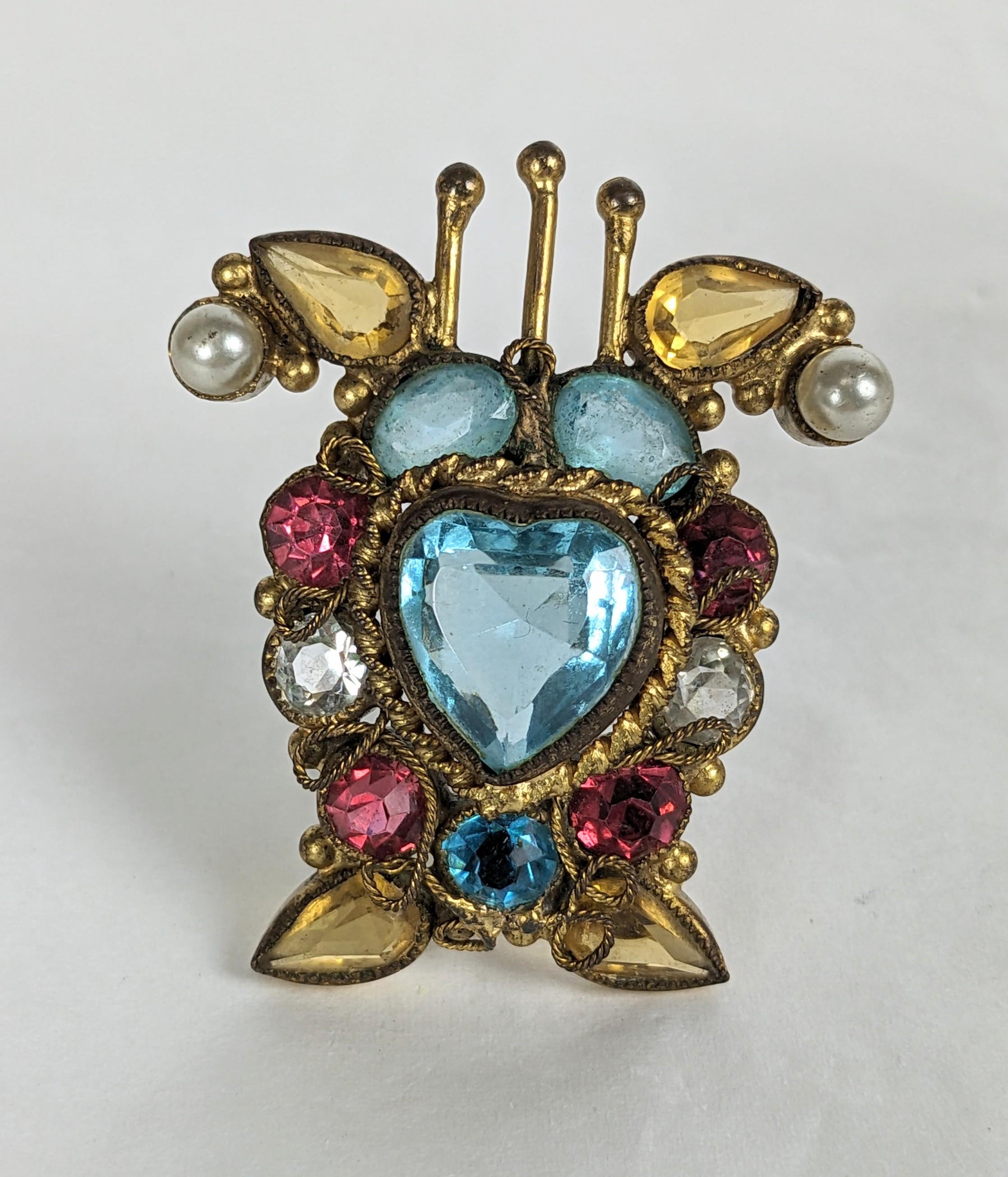 Charming Original by Robert Multi Color Crystal Heart Brooch from the 1940's. Hand made with vari shaped crystals and faux pearls. Has a bale for use as a pendant as well. 1.5