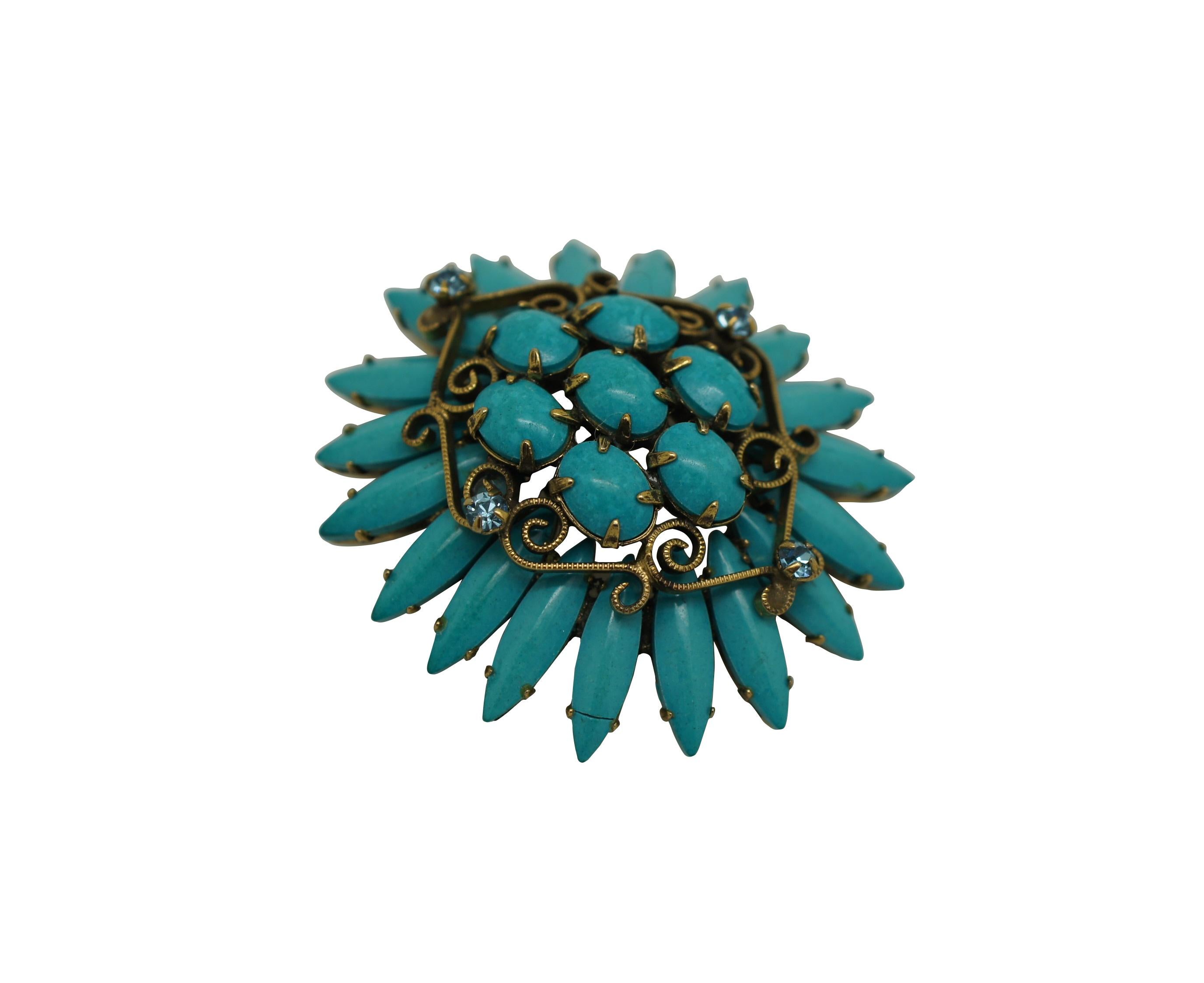 Original by Robert Southwest Turquoise Flower Pin Cluster Brooch MCM In Good Condition In Dayton, OH