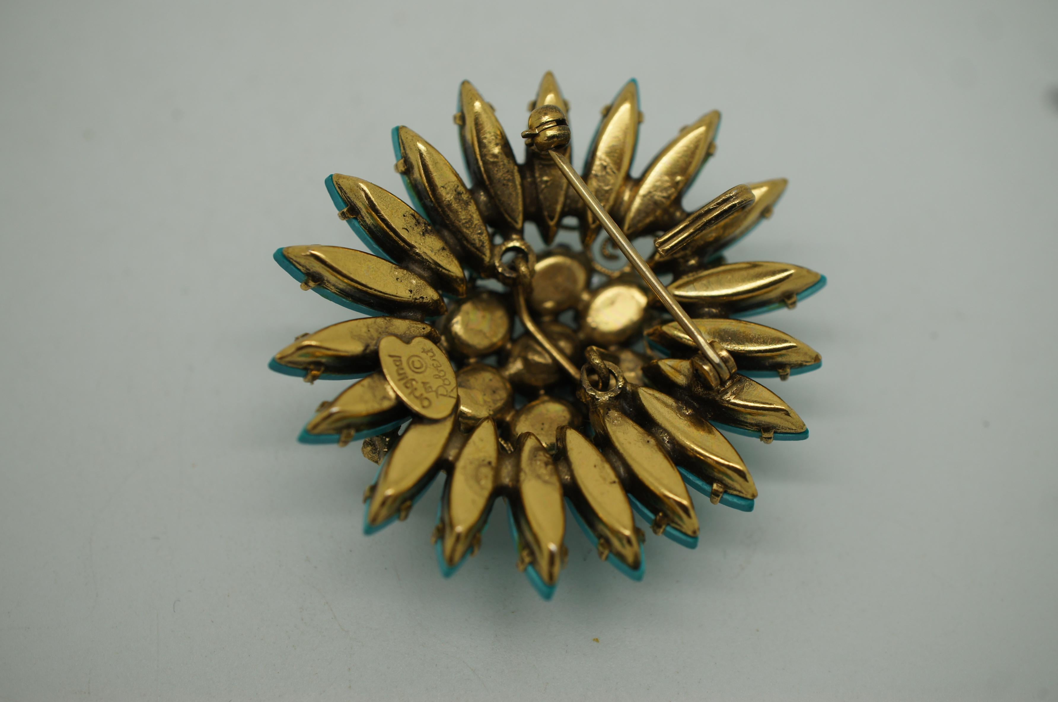 20th Century Original by Robert Southwest Turquoise Flower Pin Cluster Brooch MCM