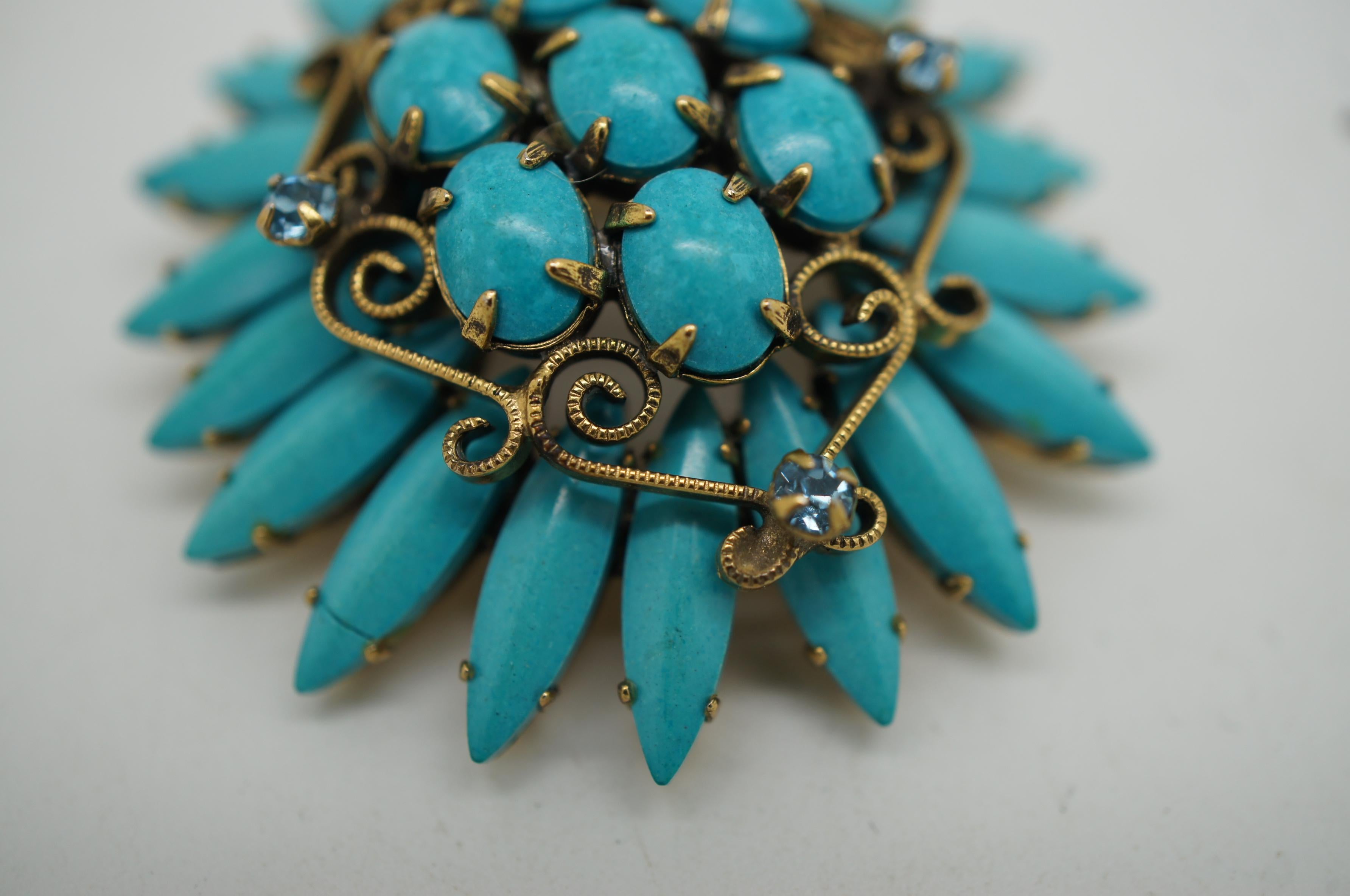 Original by Robert Southwest Turquoise Flower Pin Cluster Brooch MCM 3