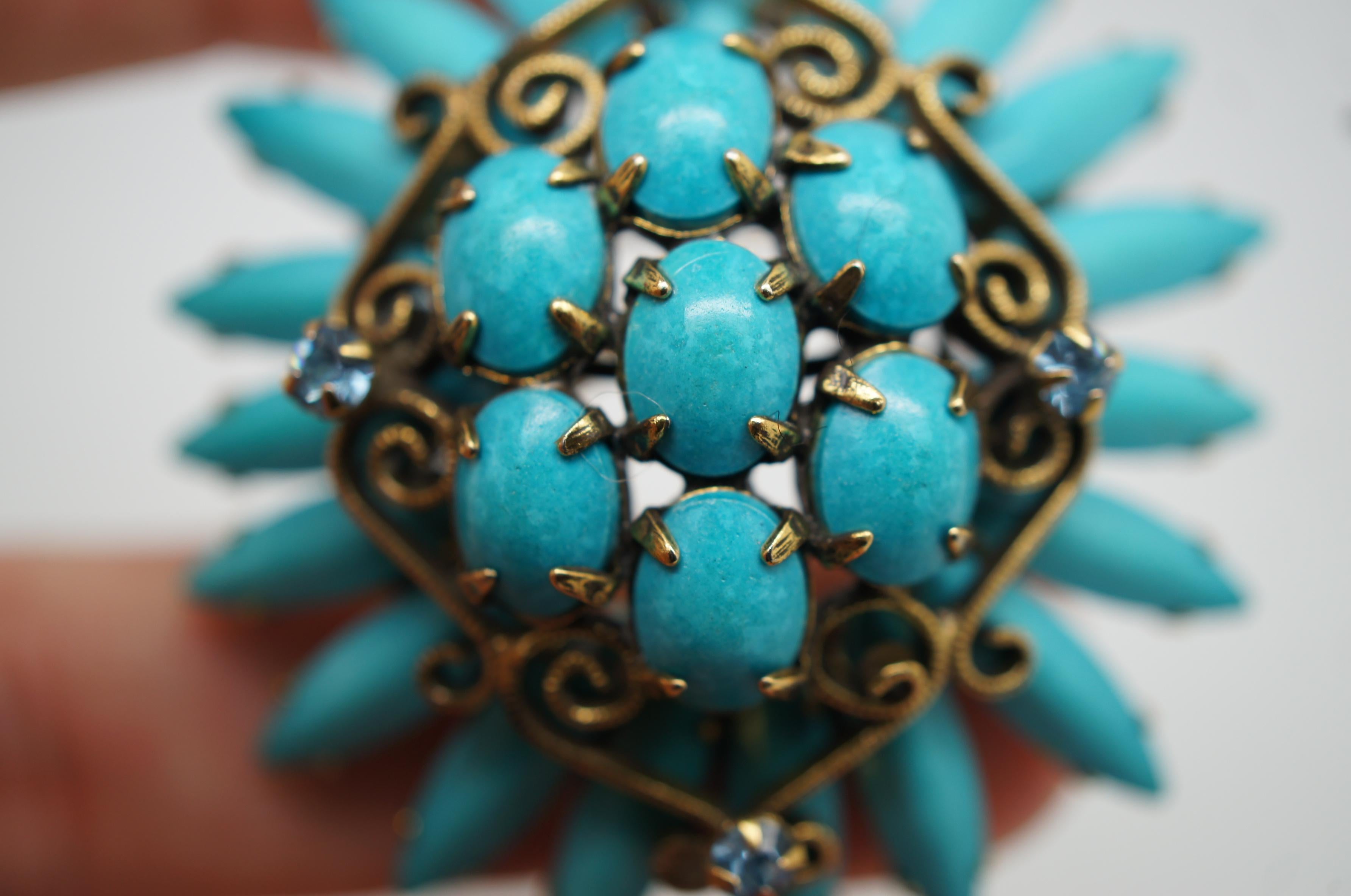 Original by Robert Southwest Turquoise Flower Pin Cluster Brooch MCM 4