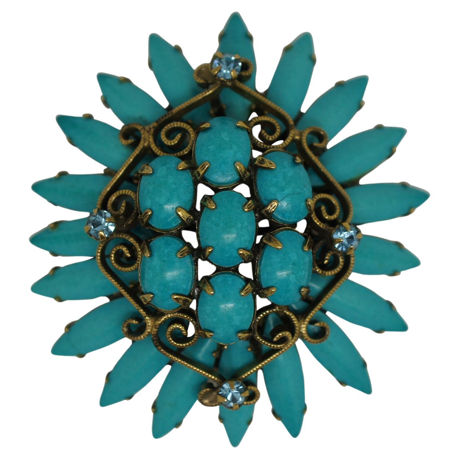 Original by Robert Southwest Turquoise Flower Pin Cluster Brooch MCM