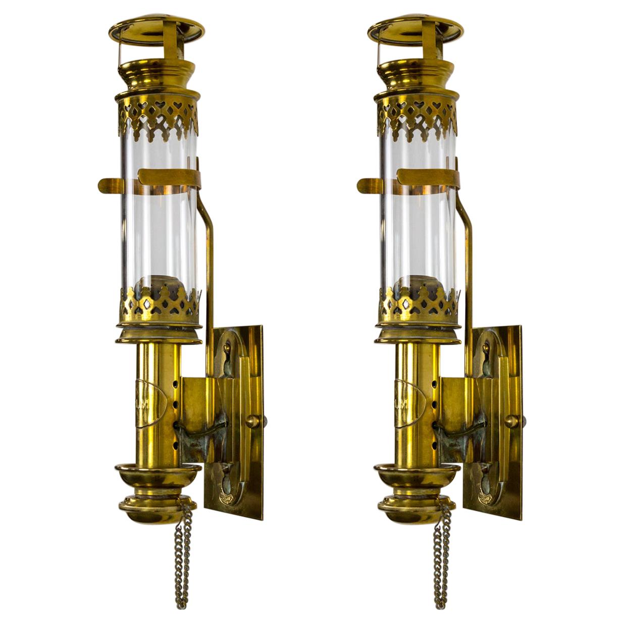 Original circa 1900 "PLM" Brass Railroad Lantern Sconces by Poyard Paris, Pair