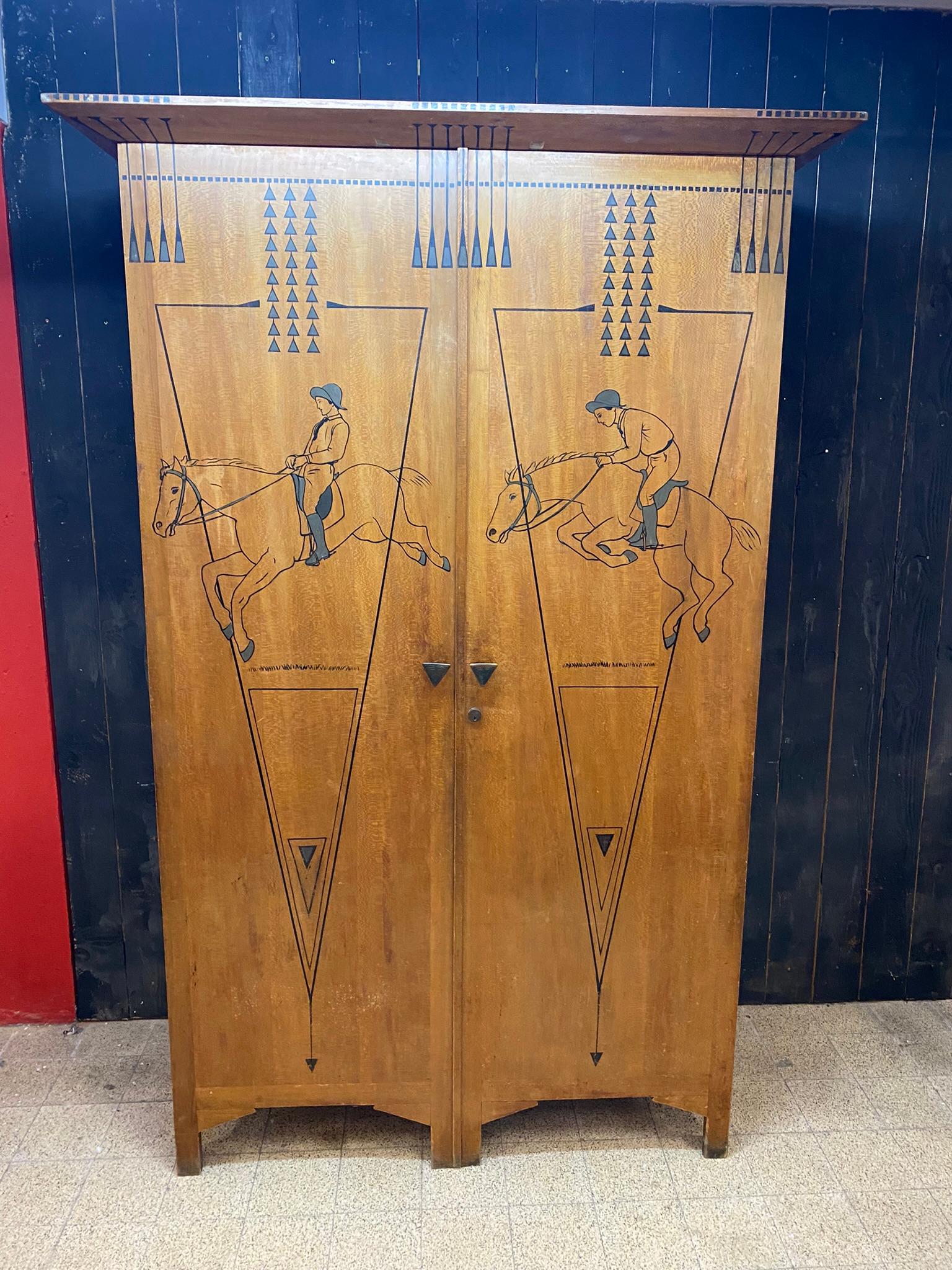 Art Deco Original Cabinet Decorated with Horses and Jockeys Early 20th Century For Sale