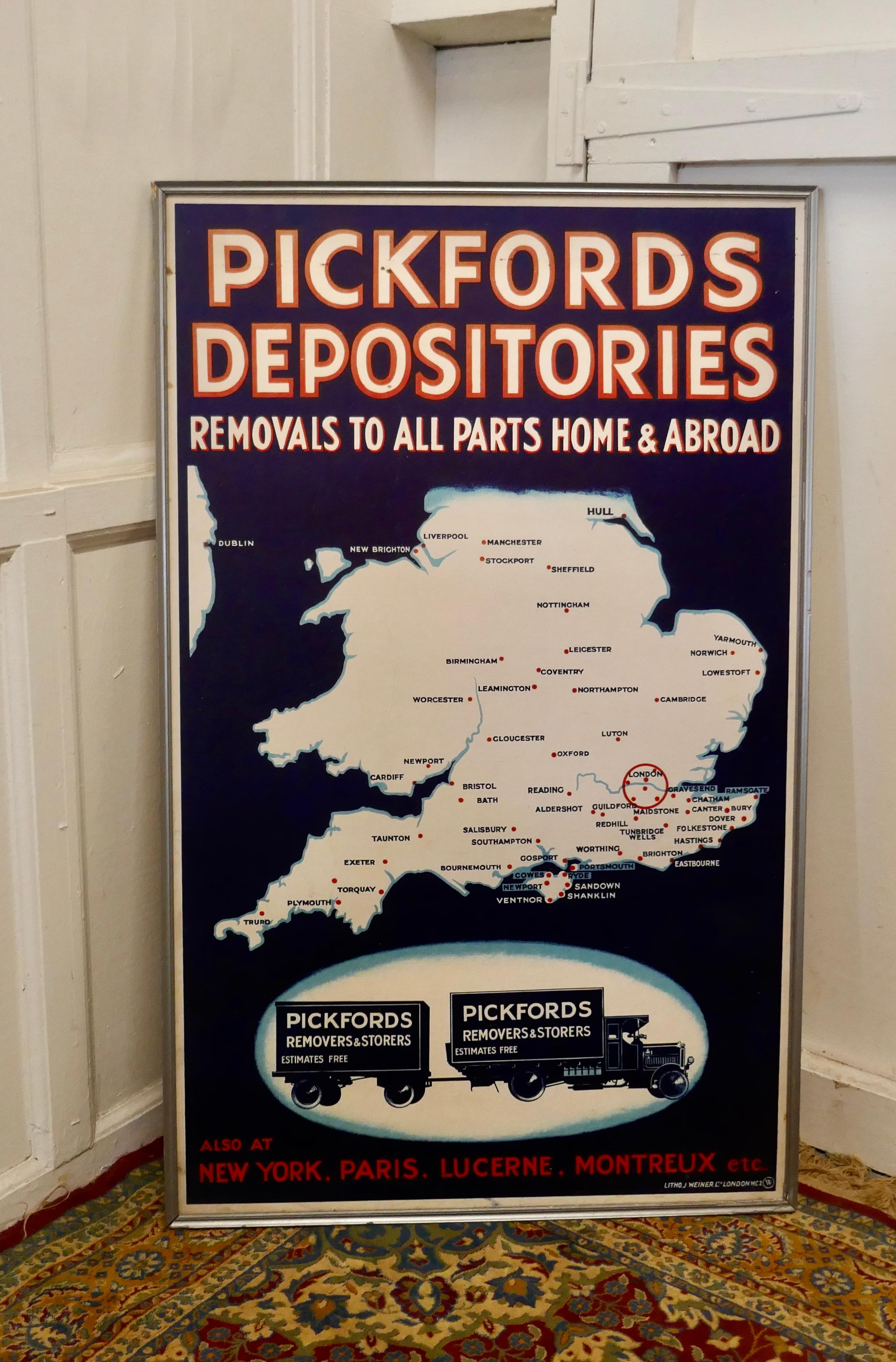 Original Card Map Poster, Pickfords Depositories

This is a good original advertising sign, showing the locations of Pickfords Depositories
The Sign is Colour printed on card, in a light frame
Measures: The Frame is 26” wide and 41” high
TAC74.