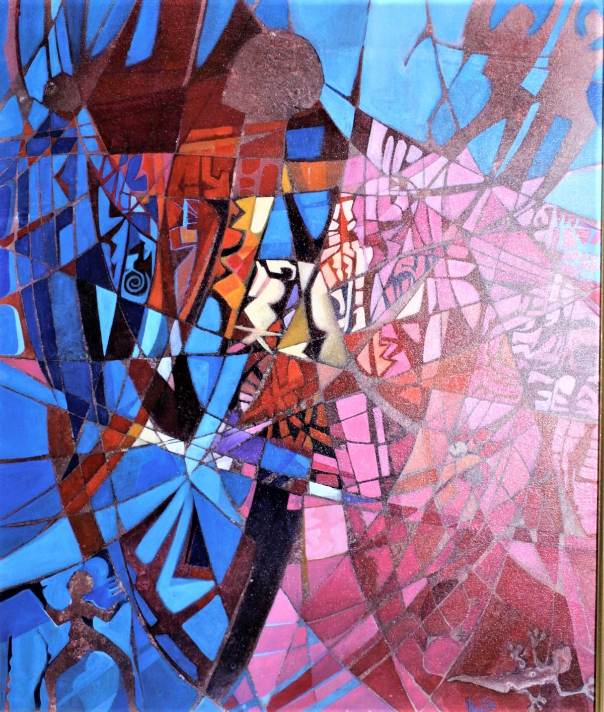 This large and well executed abstract painting was done by Carlisle Ainsworth Harris of Trinidad in 1990. This original painting is a framed acrylic on canvas and highlights Harris's signature use of vibrant color, in this case blues and reds, in a