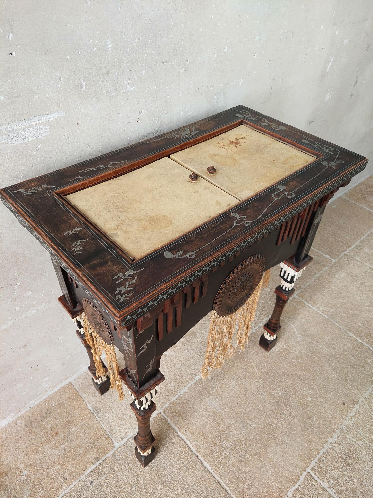 Ebonized Original Carlo Bugatti Tea Table, Sewing Table, Cabinet, Late 19th Century