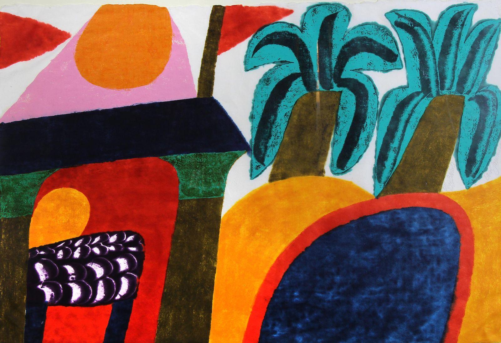 Basholi von Carol Summers (1925-2016)
(Basholi - eine Stadt in JAMU und KASHMIR - INDIEN )
MEDIUM: Holzschnitt
Gemischte Medien auf Papier Abstrakte Komposition
DATUM: 1980
ABMESSUNGEN: 25,25 x 37,625 Zoll (Bild); 28,625 x 40,875 Zoll