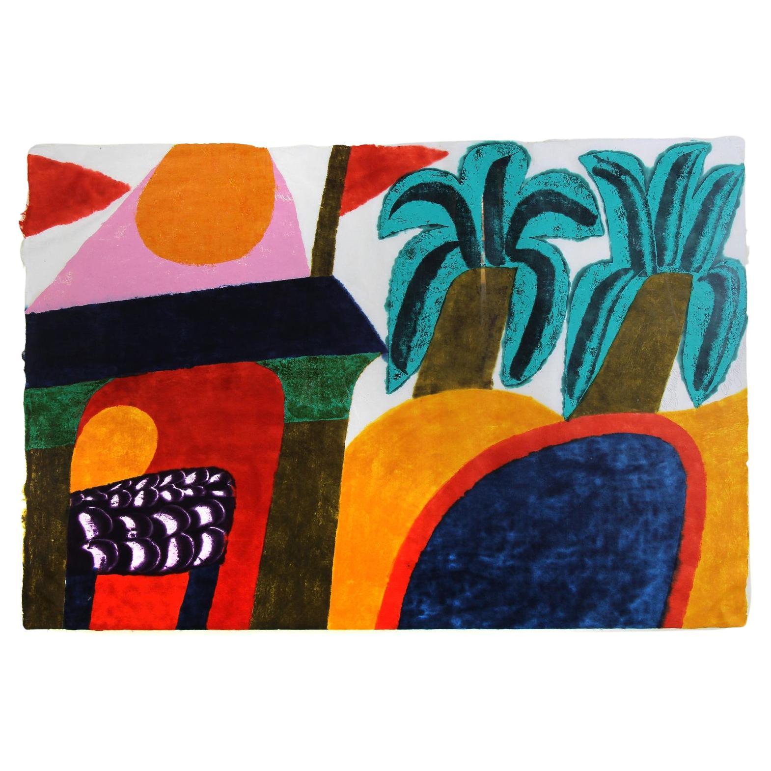 Original Carol Summers "Basholi" Original Abstrakt Holzschnitt Druck signiert, gerahmt im Angebot