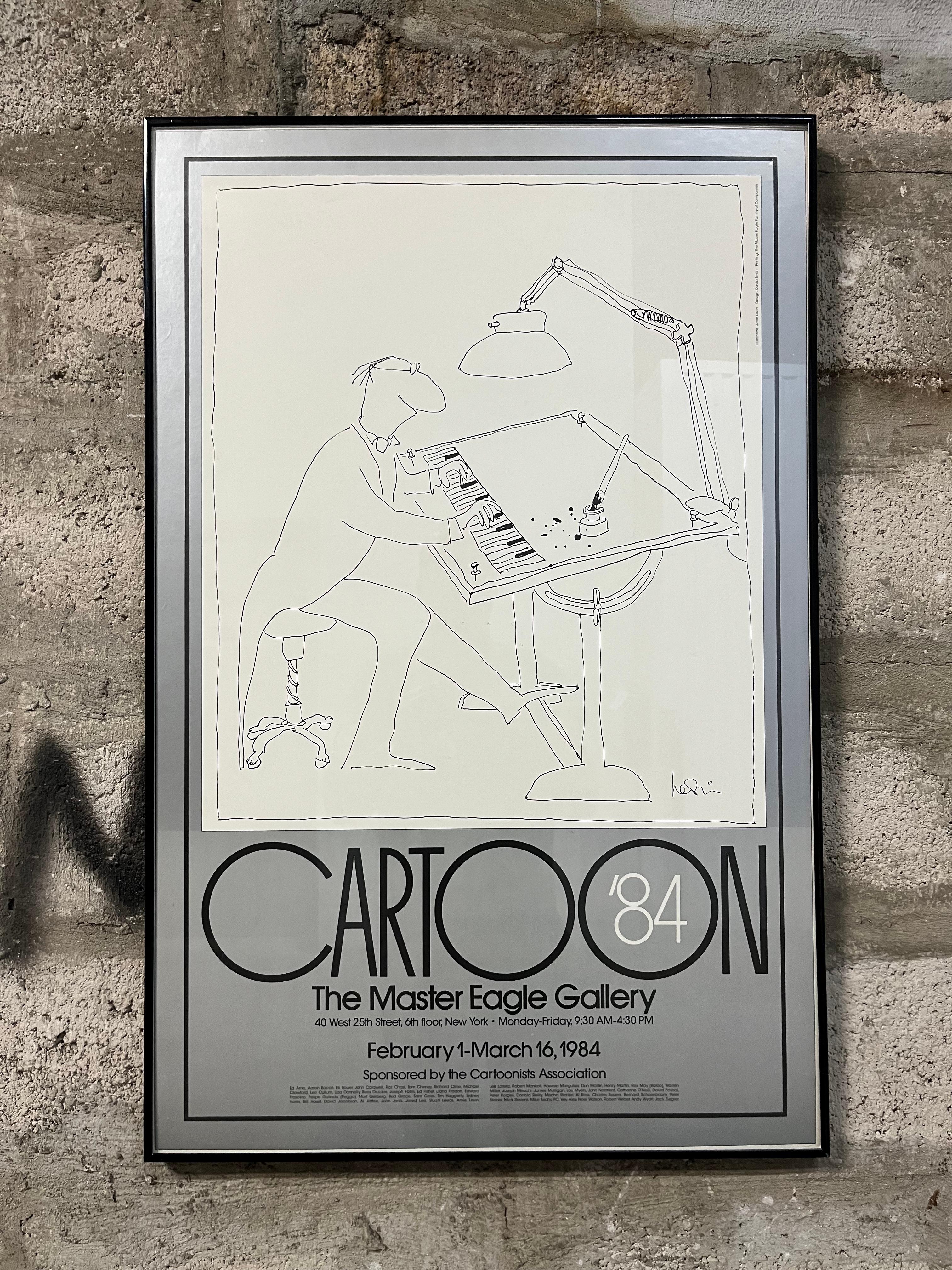 Vintage Original Cartoon '84 The Master Eagle Gallery Framed Exhibition Poster by American Cartoonist from The New Yorker, Arnie Levin.
Features a black and white cartoonist illustration on a silver background. 
Framed with a brushed aluminum black