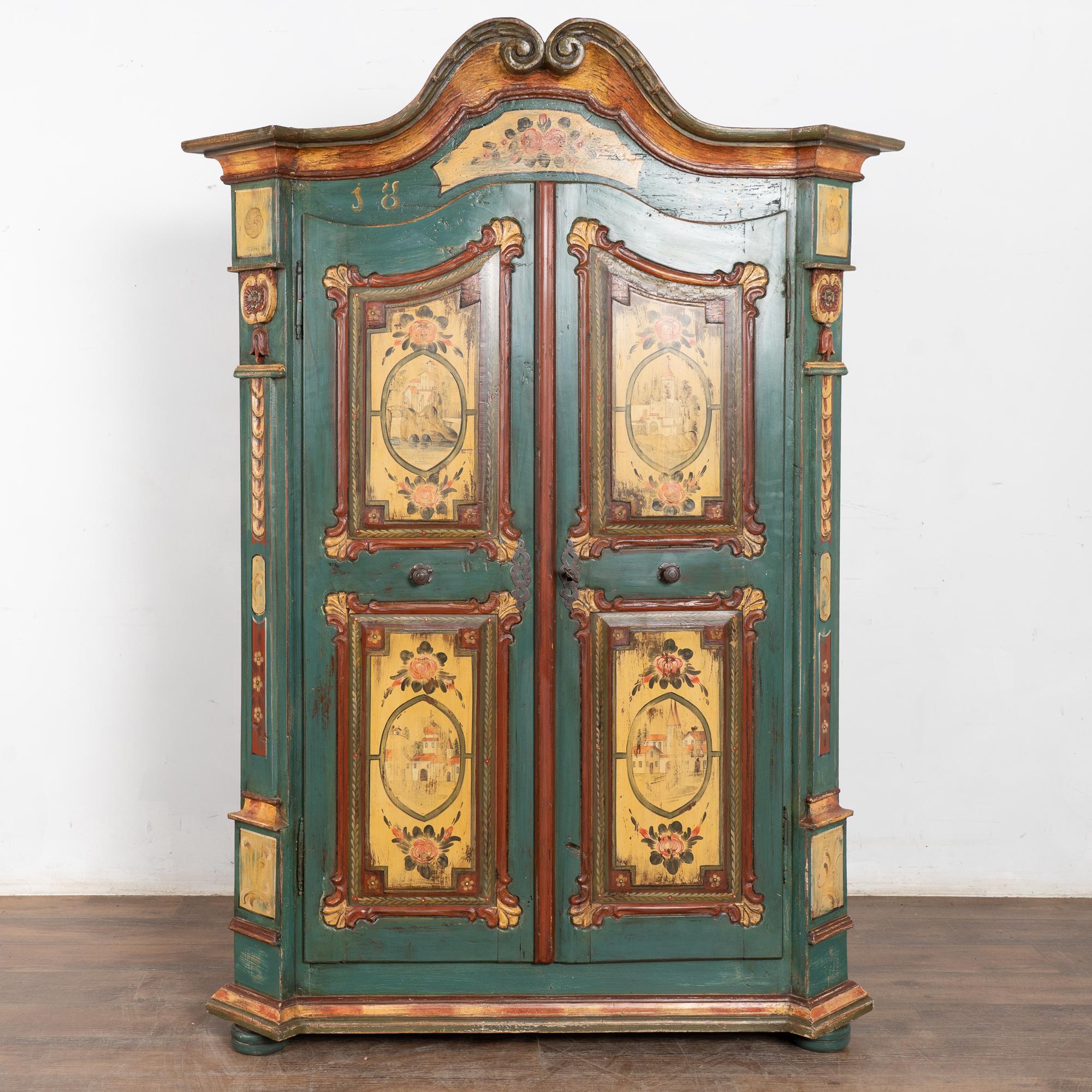 Hand-Crafted Original Carved and Painted Austrian Armoire or Shrunk, dated 1836 For Sale