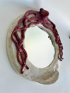 Original Ceramic Octopus Mirror with Wood Backing by Florida Artist Rexx Fischer