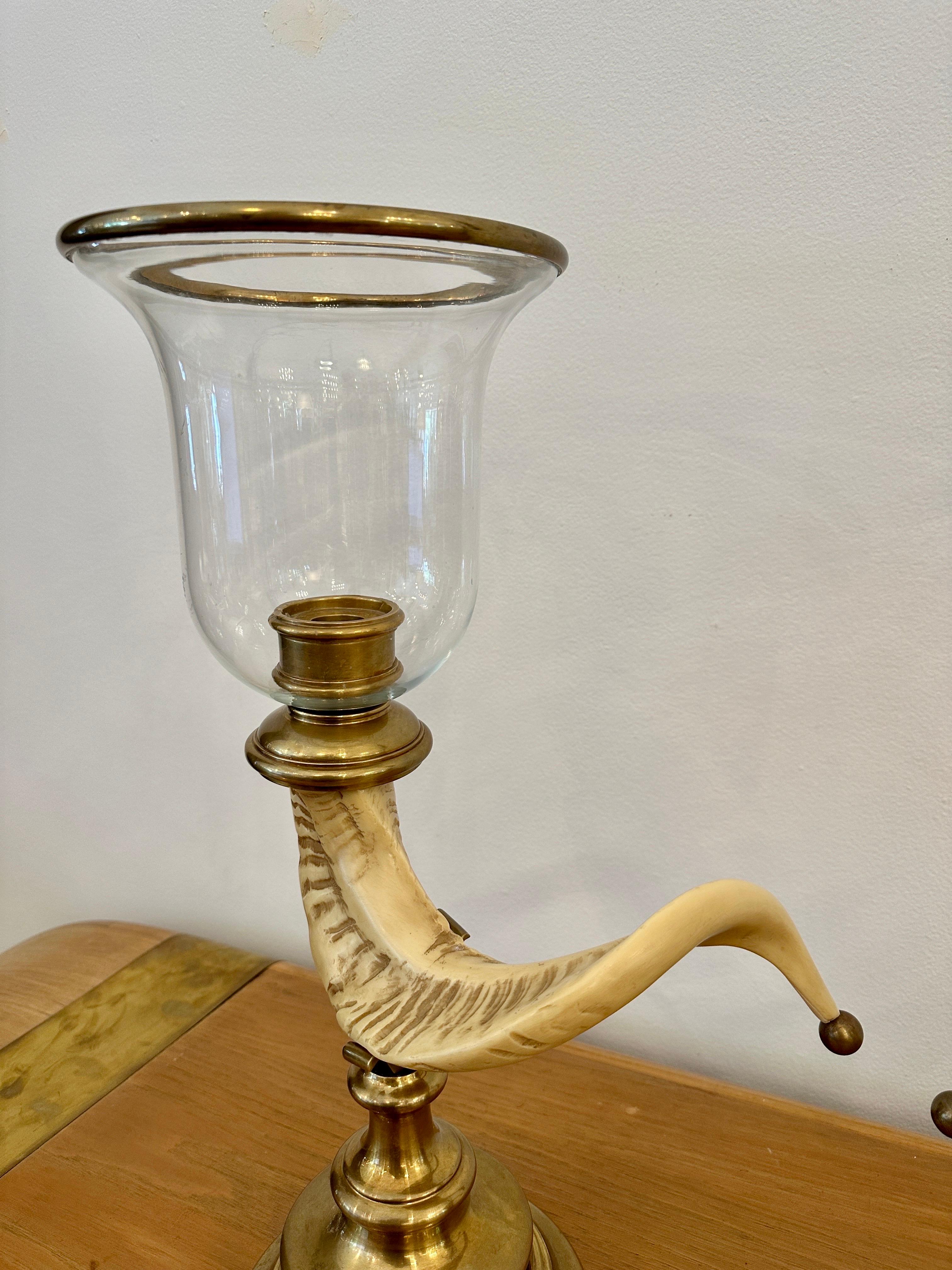 American Large Vintage Chapman Hurricane Lanterns in Brass & Faux Rams Horn, PAIR For Sale
