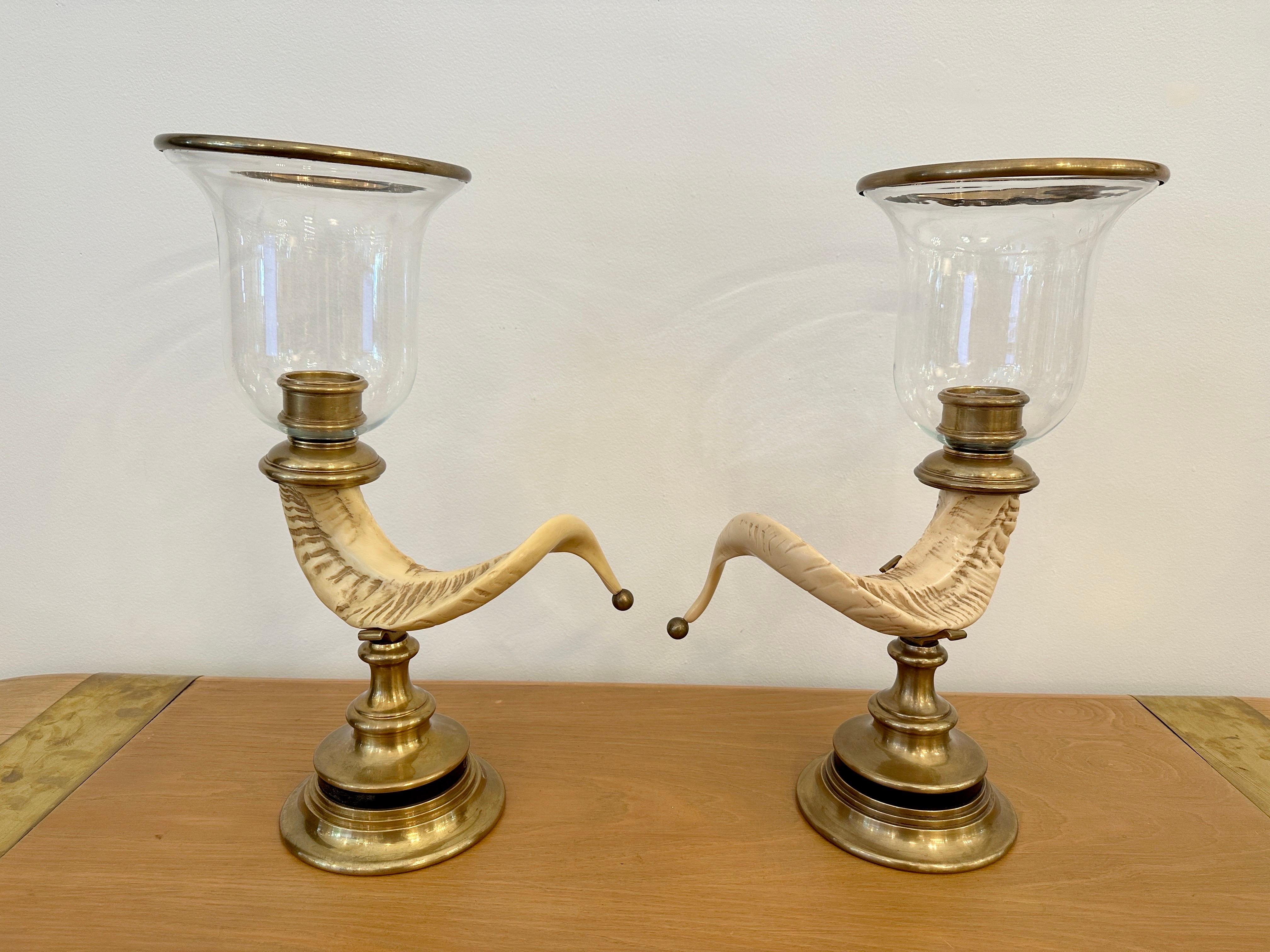 Large Vintage Chapman Hurricane Lanterns in Brass & Faux Rams Horn, PAIR For Sale 1
