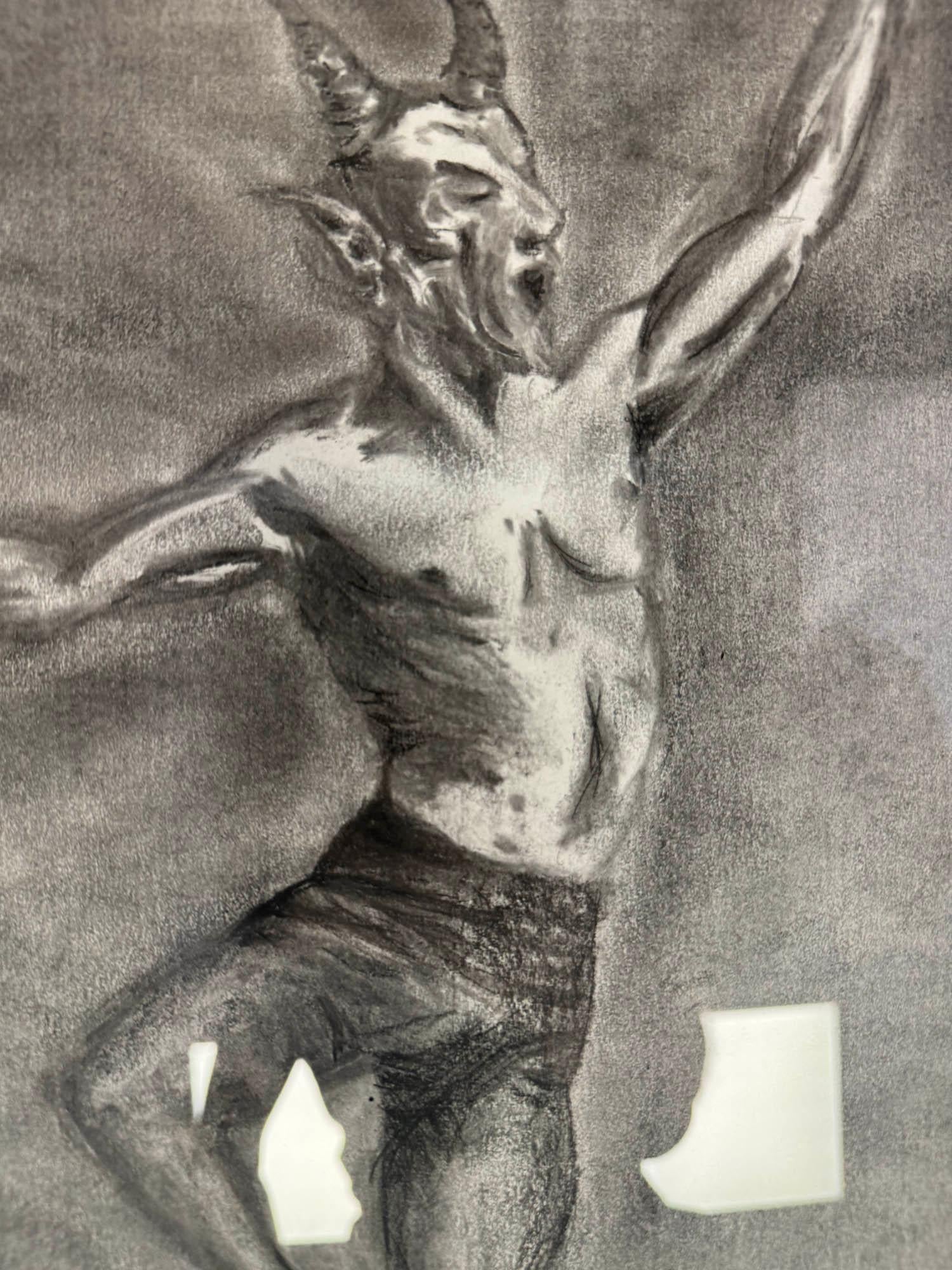 XXI secolo e contemporaneo Disegno originale a carboncino - Figura di fauno in movimento in vendita