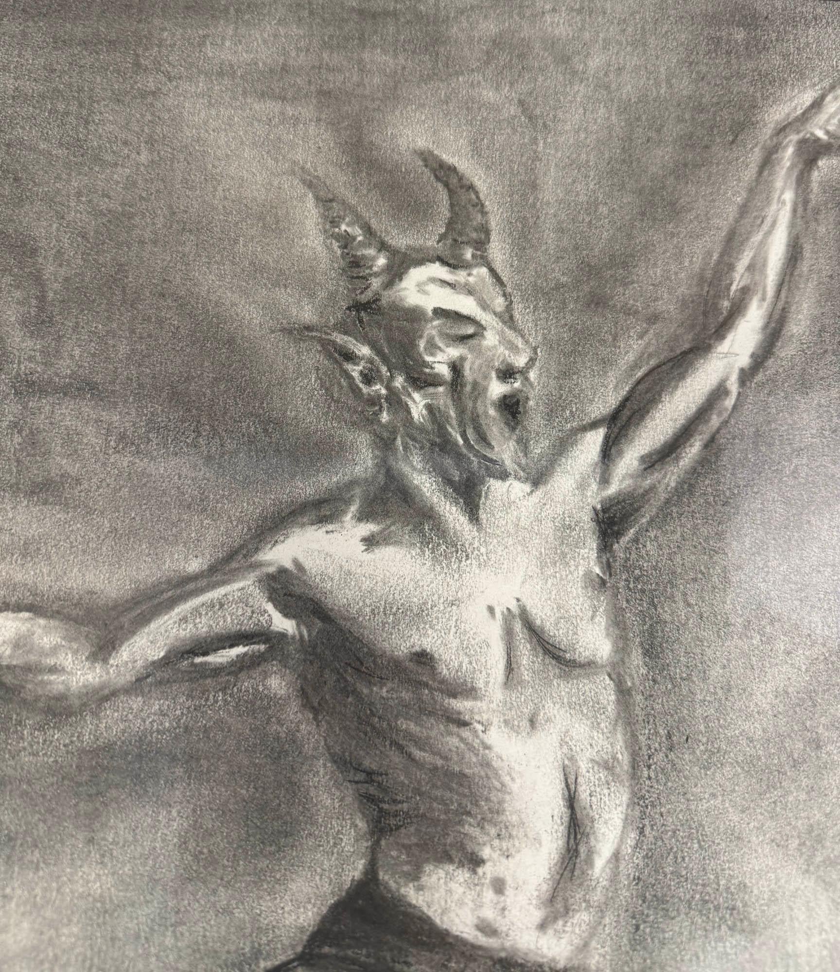 Carta Disegno originale a carboncino - Figura di fauno in movimento in vendita