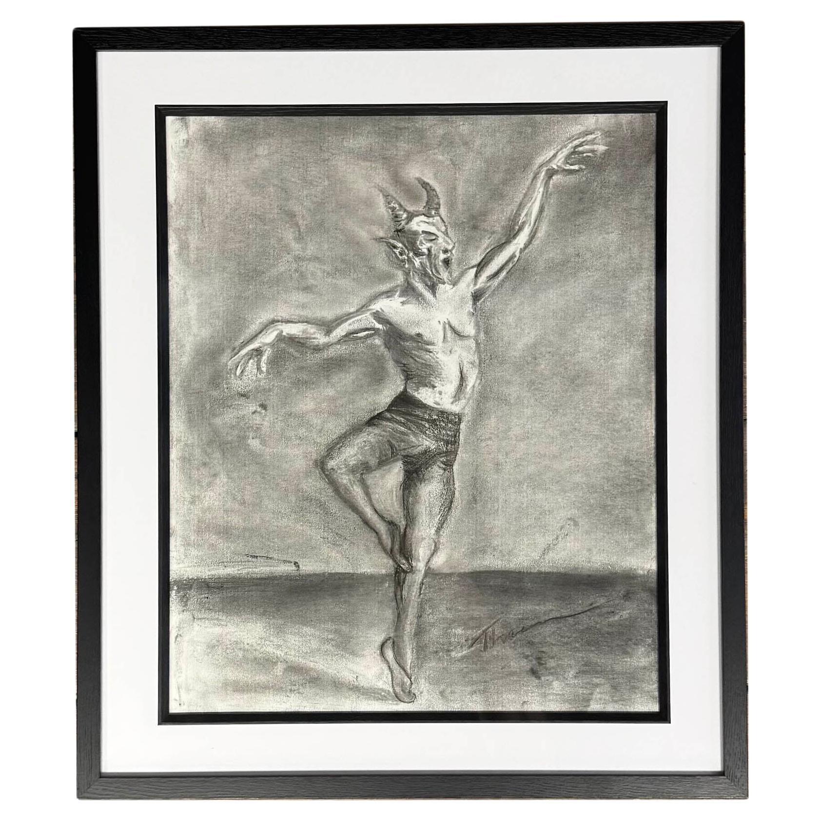 Disegno originale a carboncino - Figura di fauno in movimento in vendita