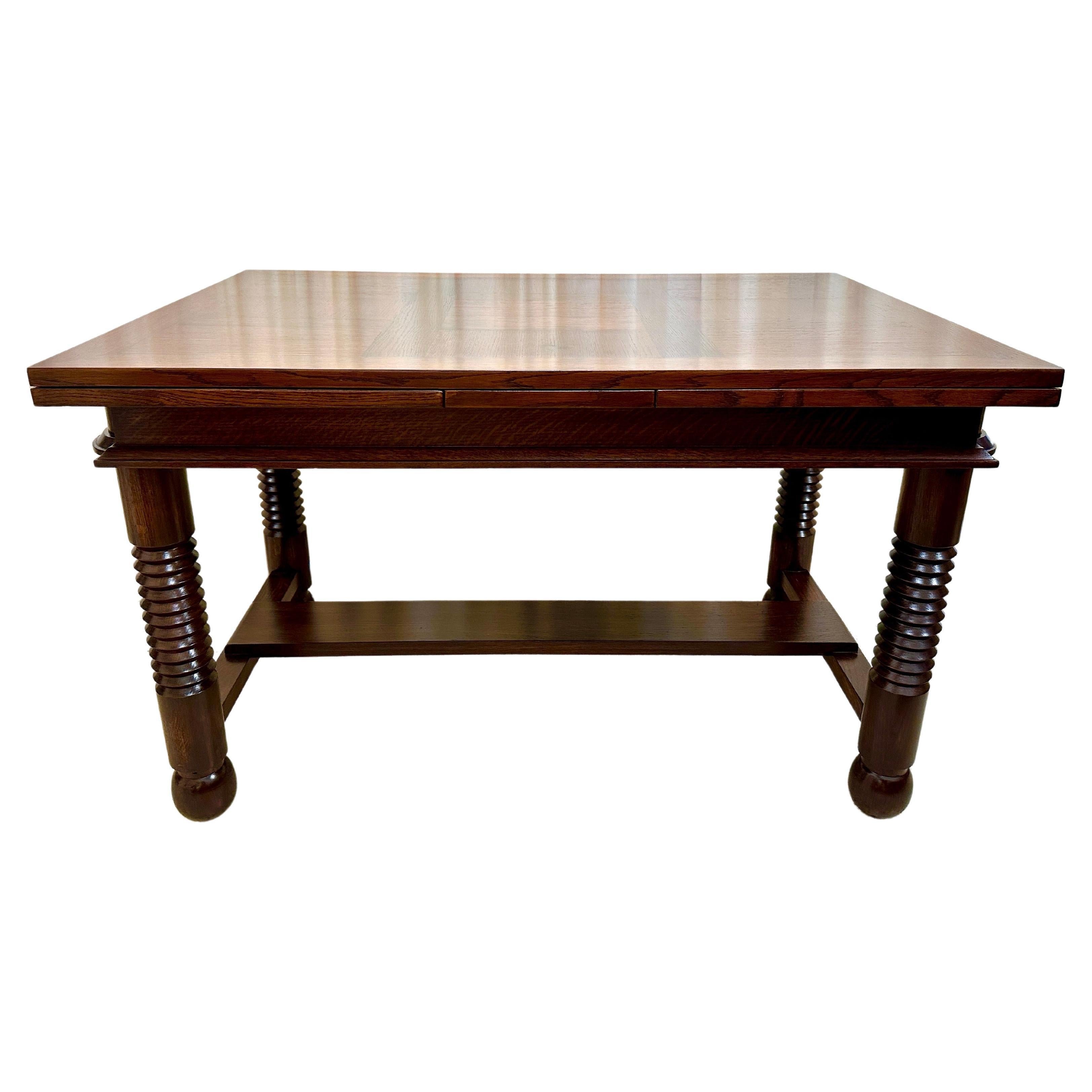 Original Charles Dudouyt Dining Table w/ Extensions in Solid Oak