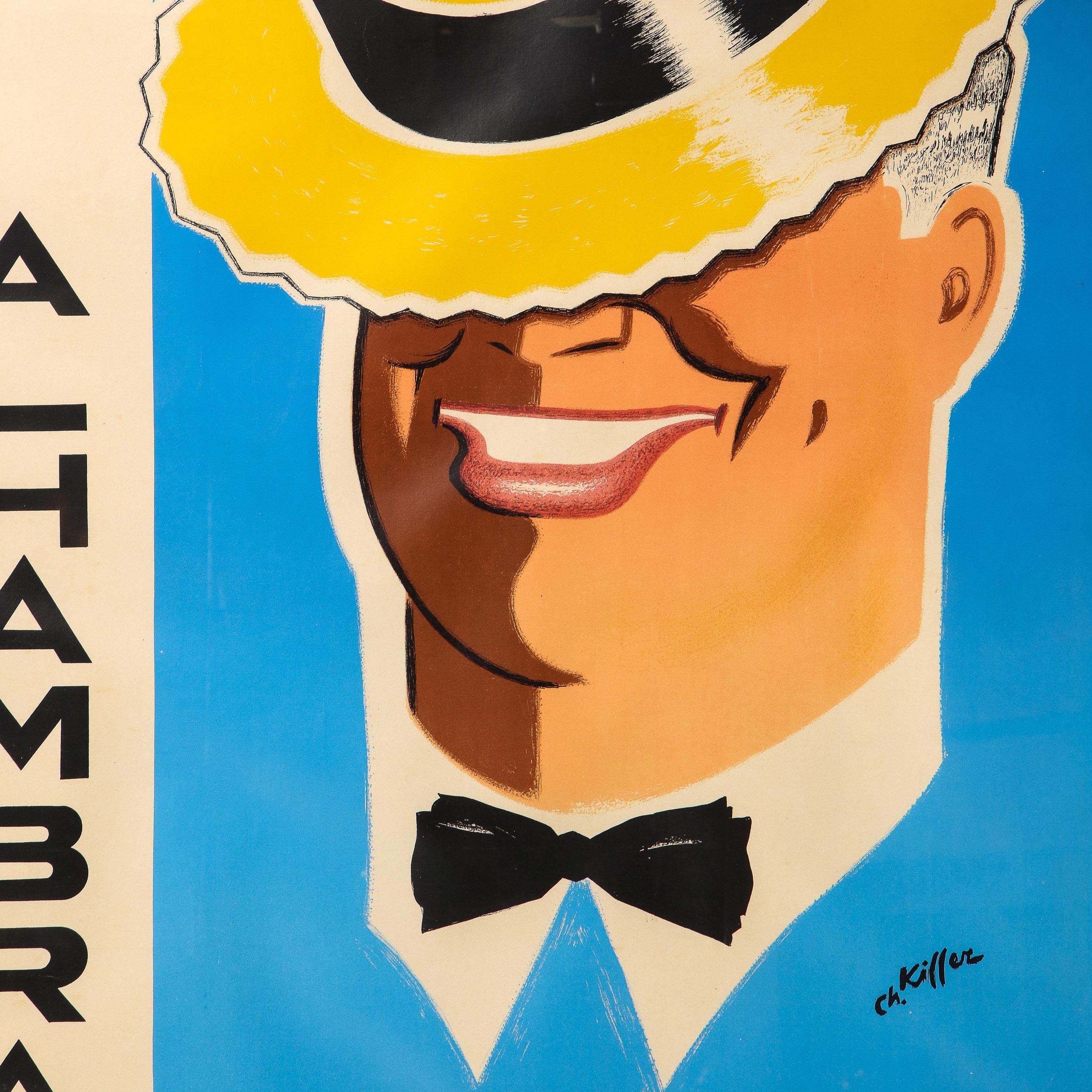 This beautiful original Mid-Century Modern lithograph was created for the inauguration of the new Alhambra Theater, featuring Maurice Chevalier, circa 1948. It features the actor donning a black bow tie with a brimmed straw hat tilted covering most