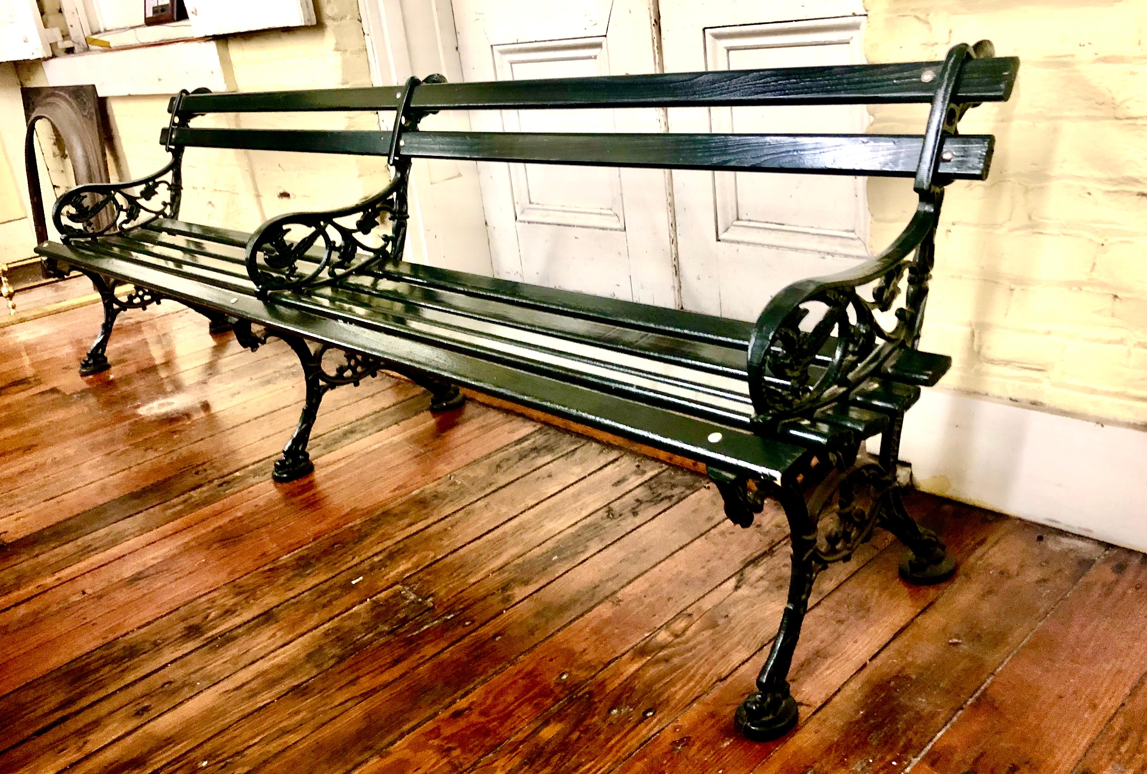 This is the original Charleston Battery Bench with heaviest weight cast iron sides made from the 19th century original pattern and durable South Carolina cypress slats. It is hand painted in our dip tank (not thinly spray-painted) with the best