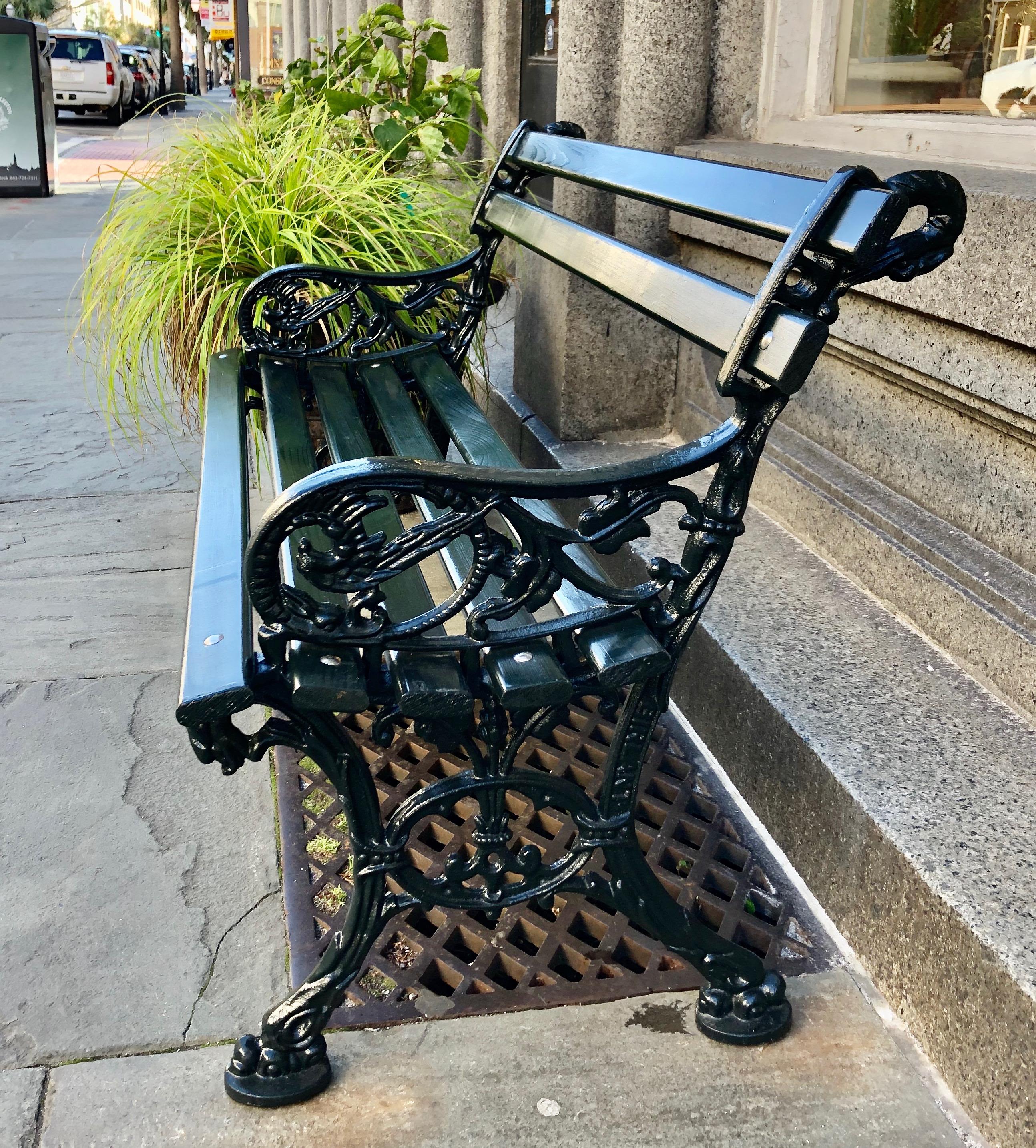 Original Charleston Battery Bench, Lowcountry Cypress, Cast Iron, dark green For Sale 2