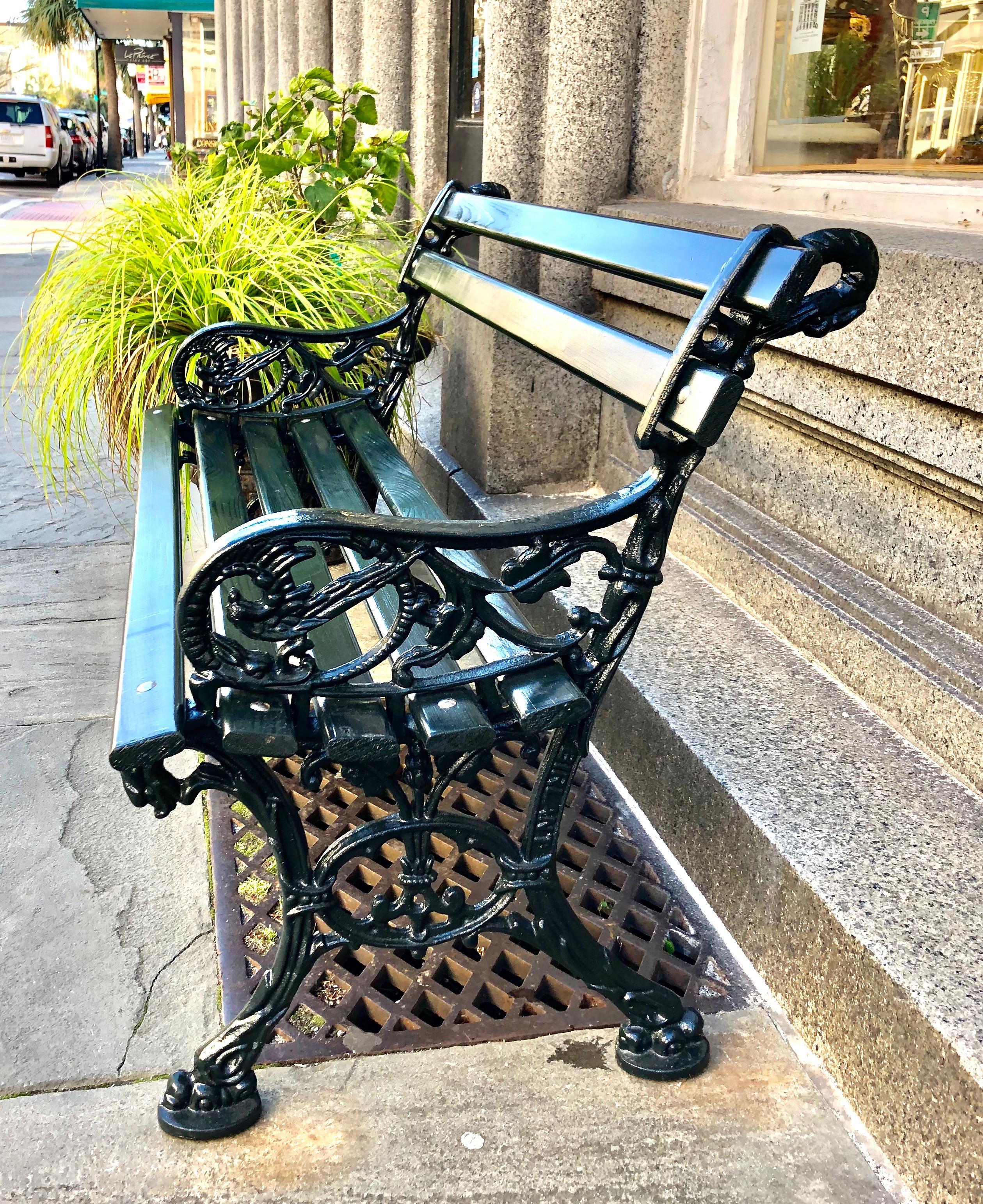 Original Charleston Battery Bench, Lowcountry Cypress, Cast Iron, dark green For Sale 3