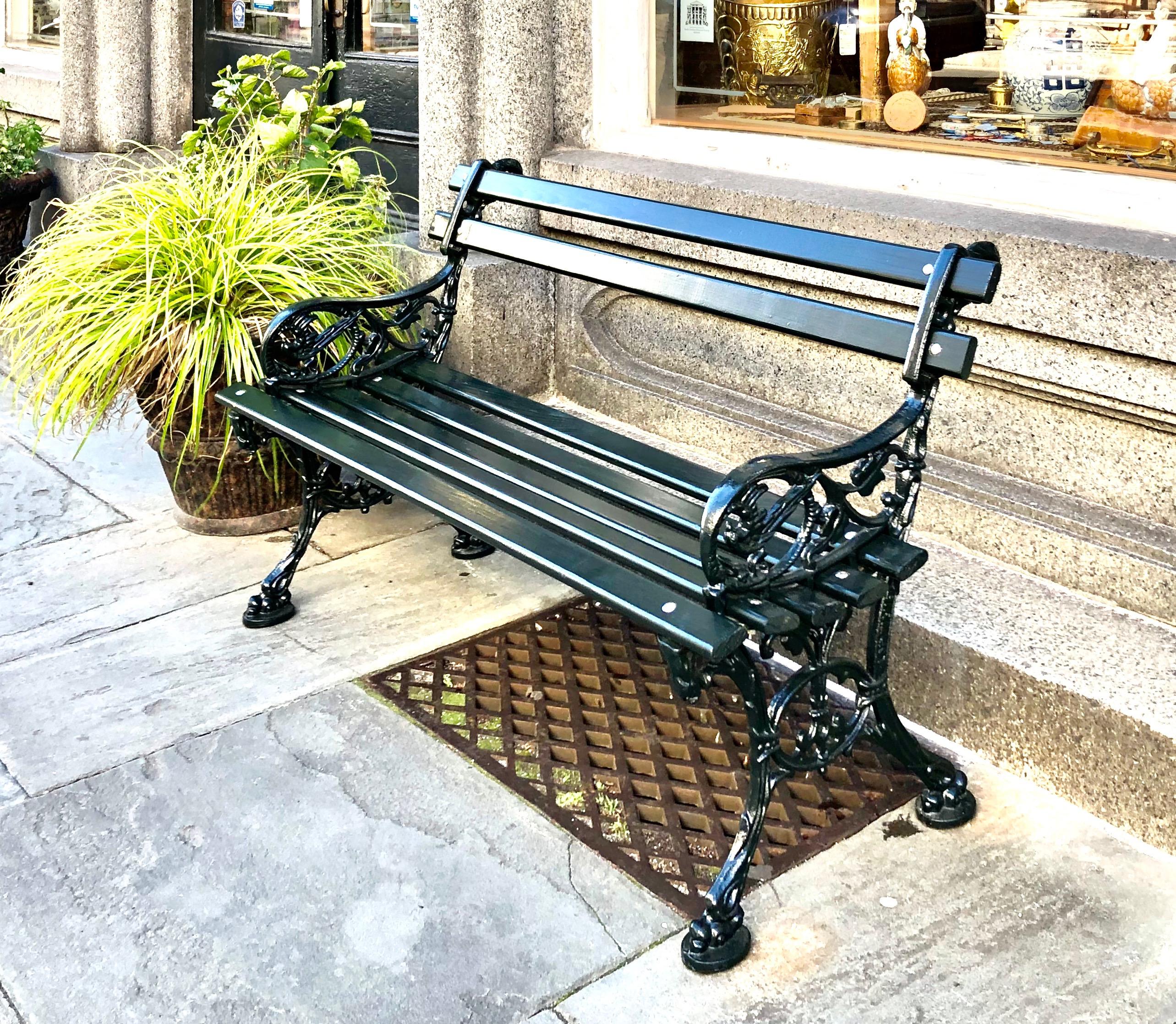 Orig. CHARLESTON BATTERY BENCH, Lowcountry Cypress & Cast Iron, Dk. Green, 4 ft. In Excellent Condition For Sale In Charleston, SC
