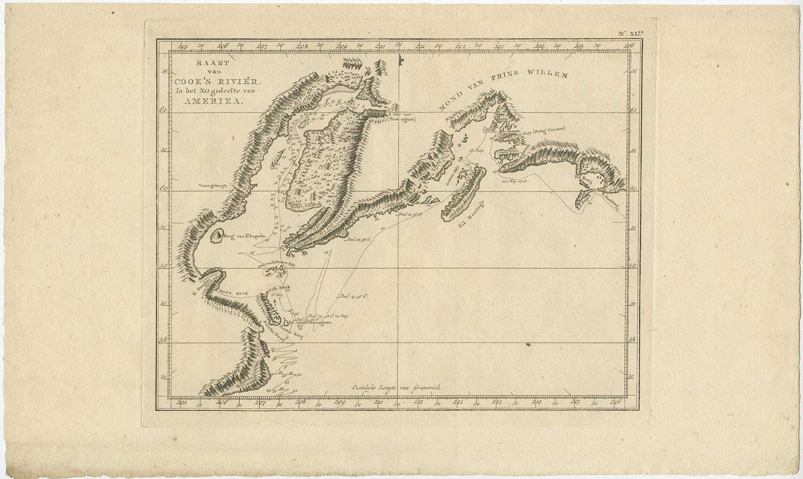 Antique map titled 'Kaart van Cook's Rivier in het N.O. gedeelte van Amerika'. 

Chart showing the region between Cape Grenville and Cape Suckling, including Whitsuntide Bay, Cape Whitsunday, Smokey Bay, Cape Douglas, Mount St. Augustine, Volcano