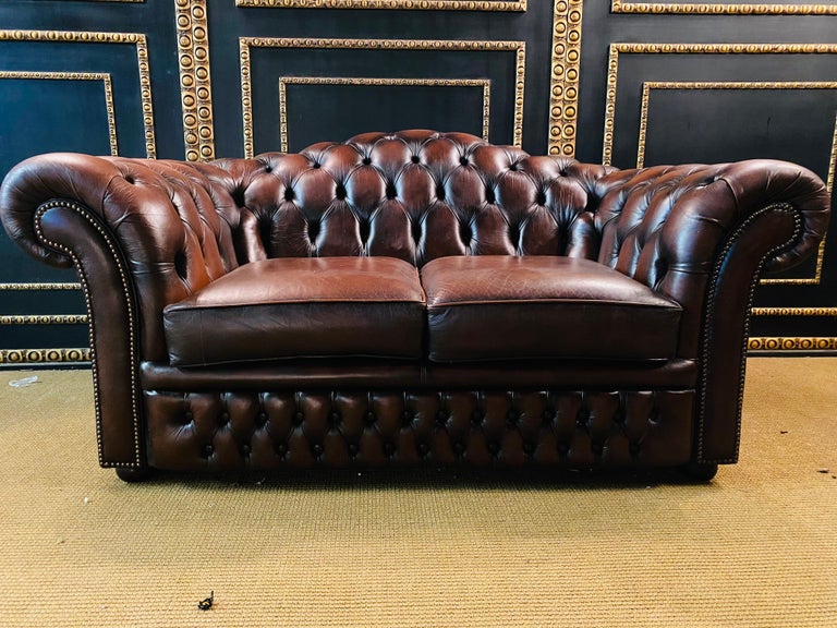 Original Chesterfield 2 TwoSeater Leather Sofa Brown by Centurion For