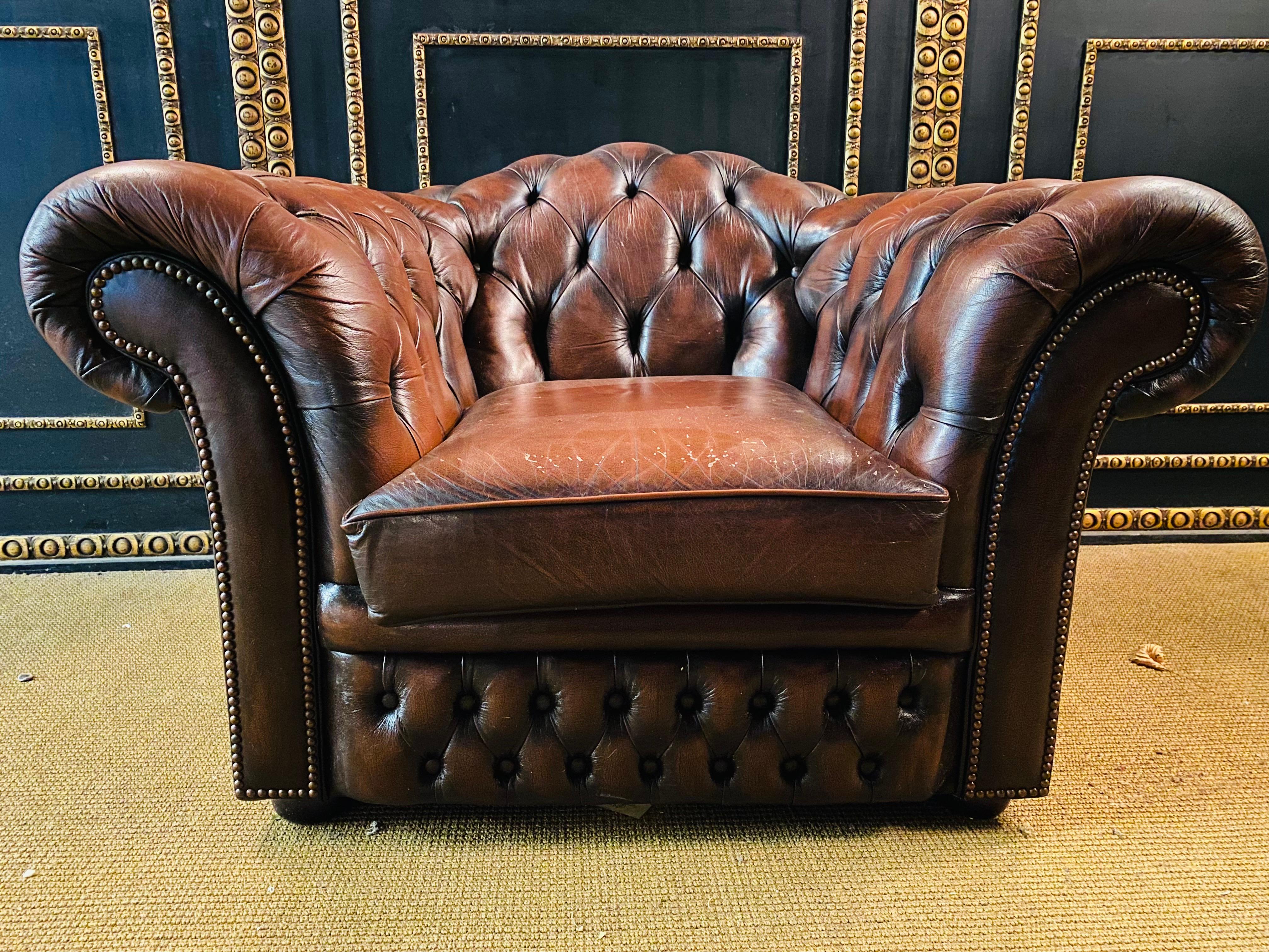 English Original Chesterfield Armchairs Brown Leather by Centurion
