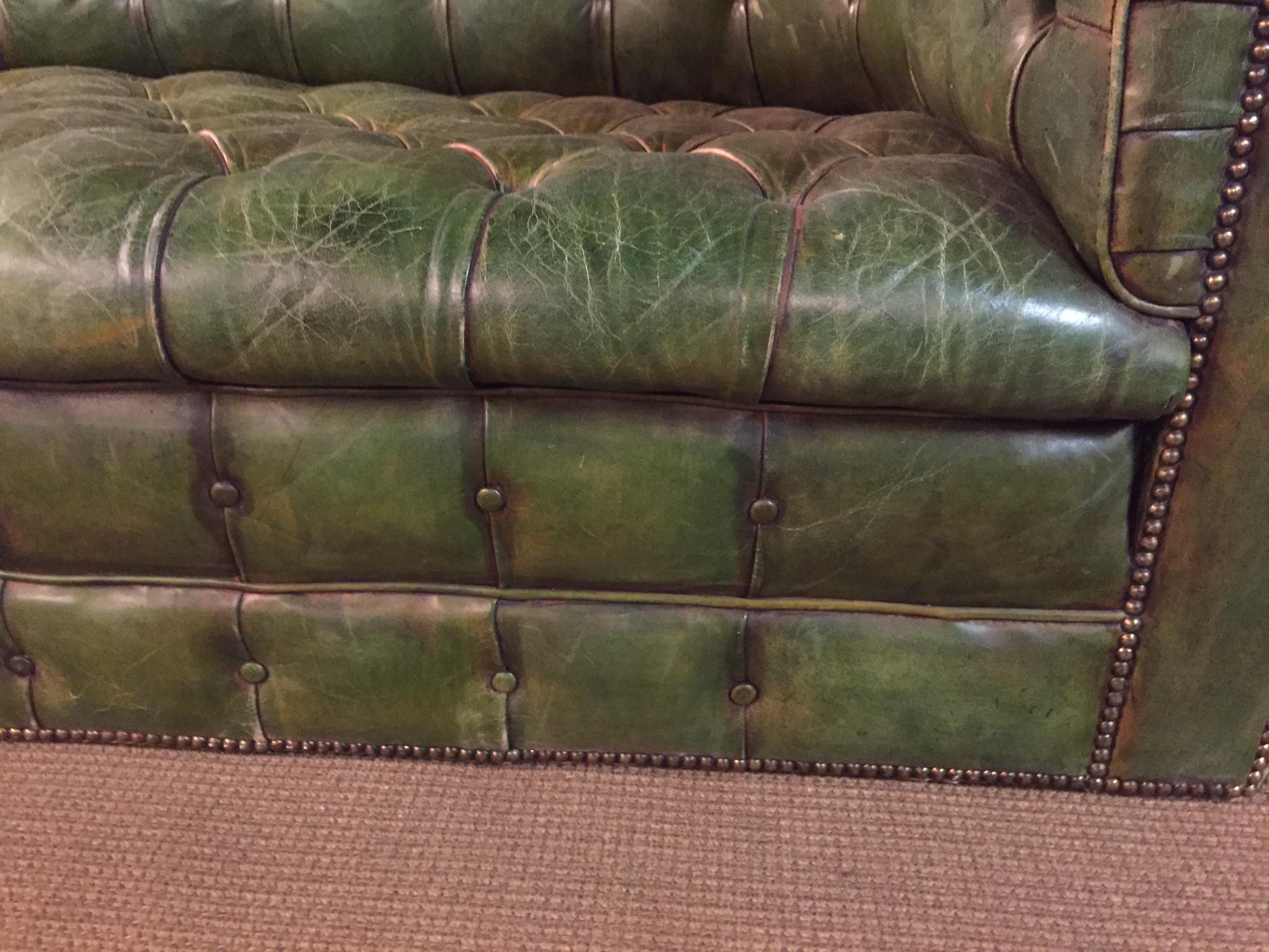 Original Chesterfield Set Big Sofa and 2 Armchairs in Faded Green from 1978 3