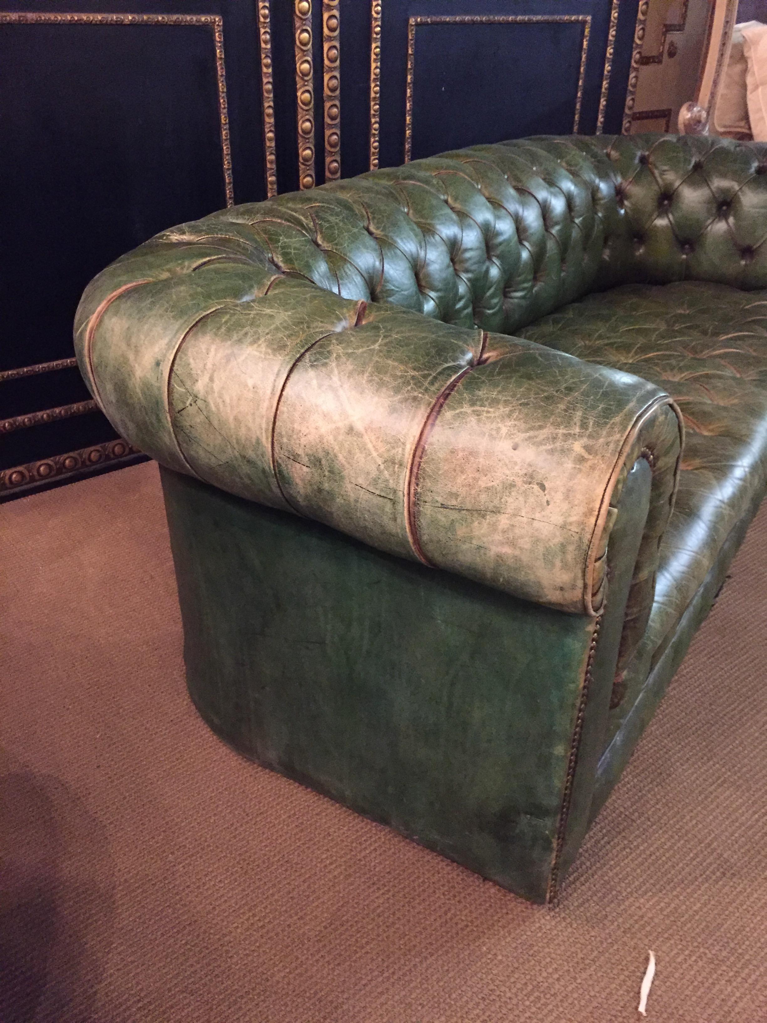 Original Chesterfield Set Big Sofa and 2 Armchairs in Faded Green from 1978 4