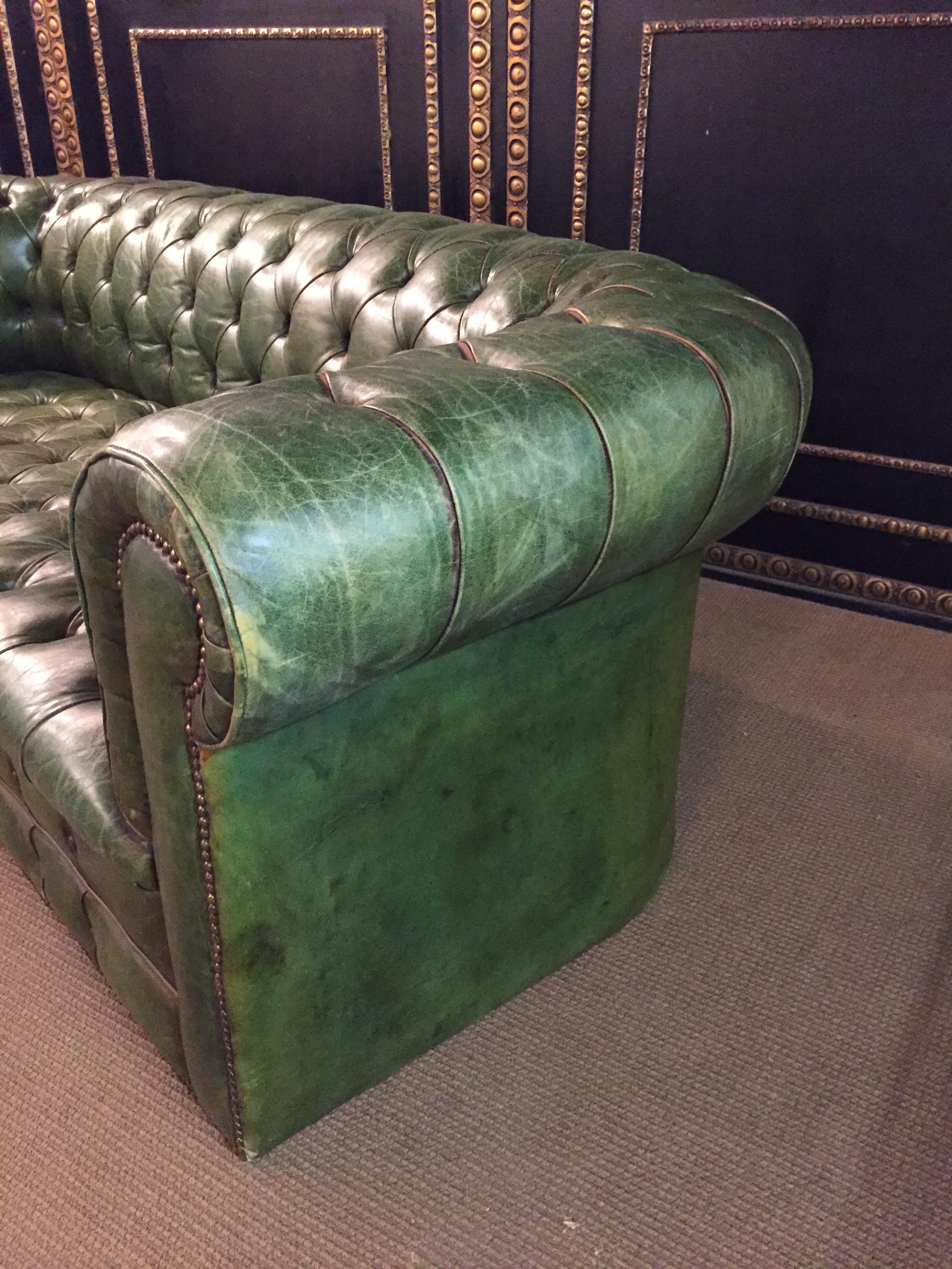 Original Chesterfield Set Big Sofa and 2 Armchairs in Faded Green from 1978 5
