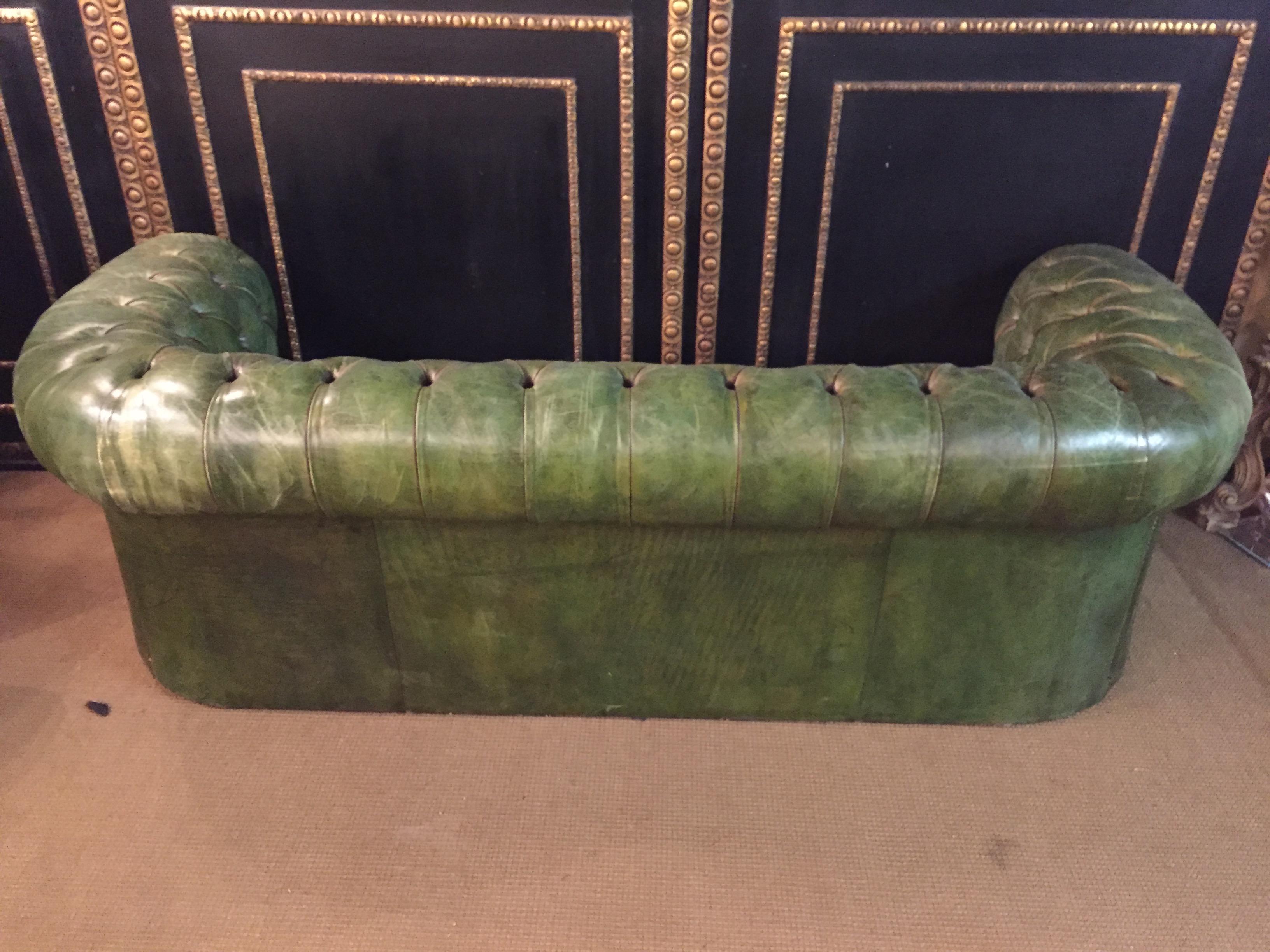 Original Chesterfield Set Big Sofa and 2 Armchairs in Faded Green from 1978 7