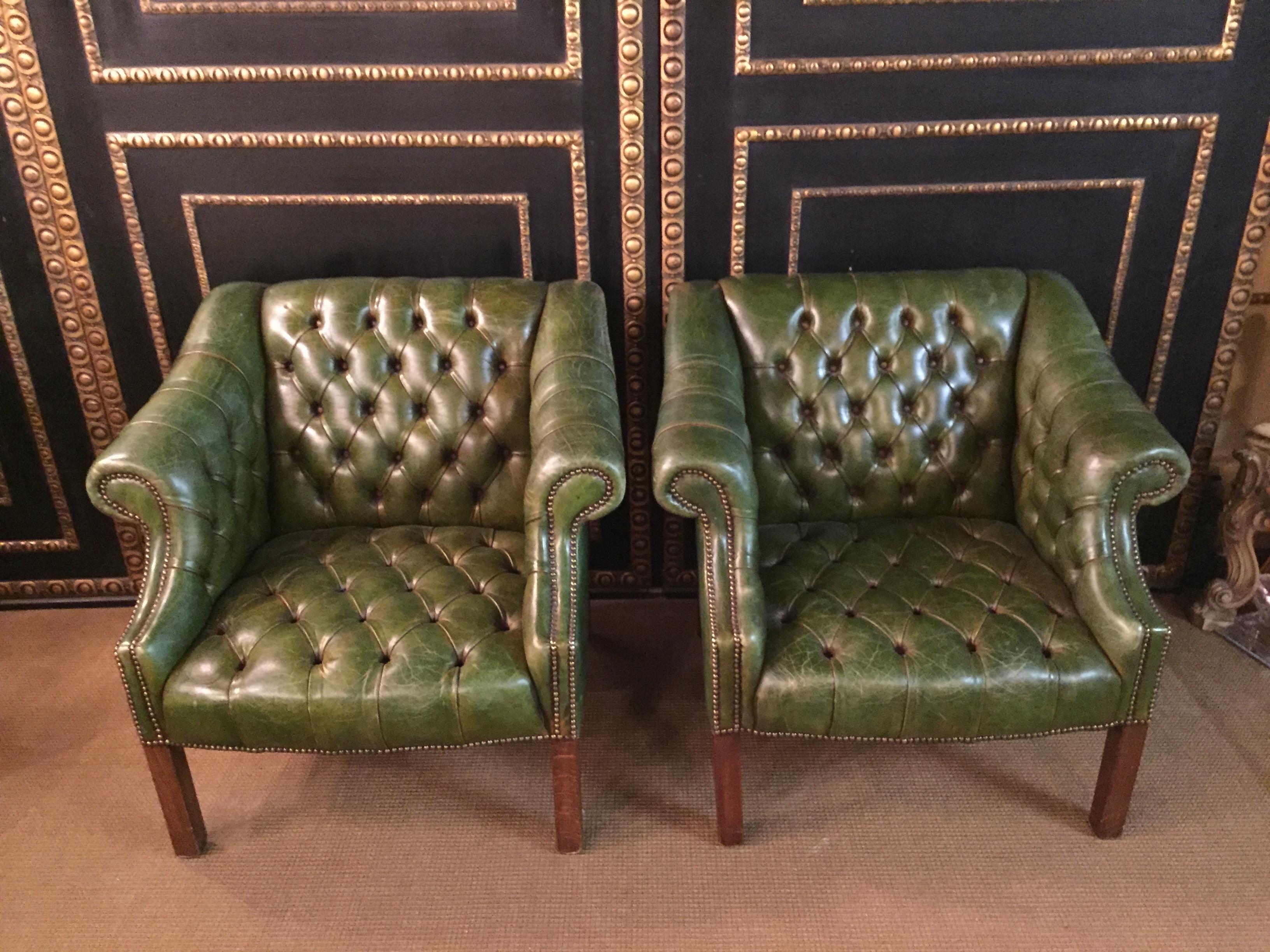 Original Chesterfield Set Big Sofa and 2 Armchairs in Faded Green from 1978 8