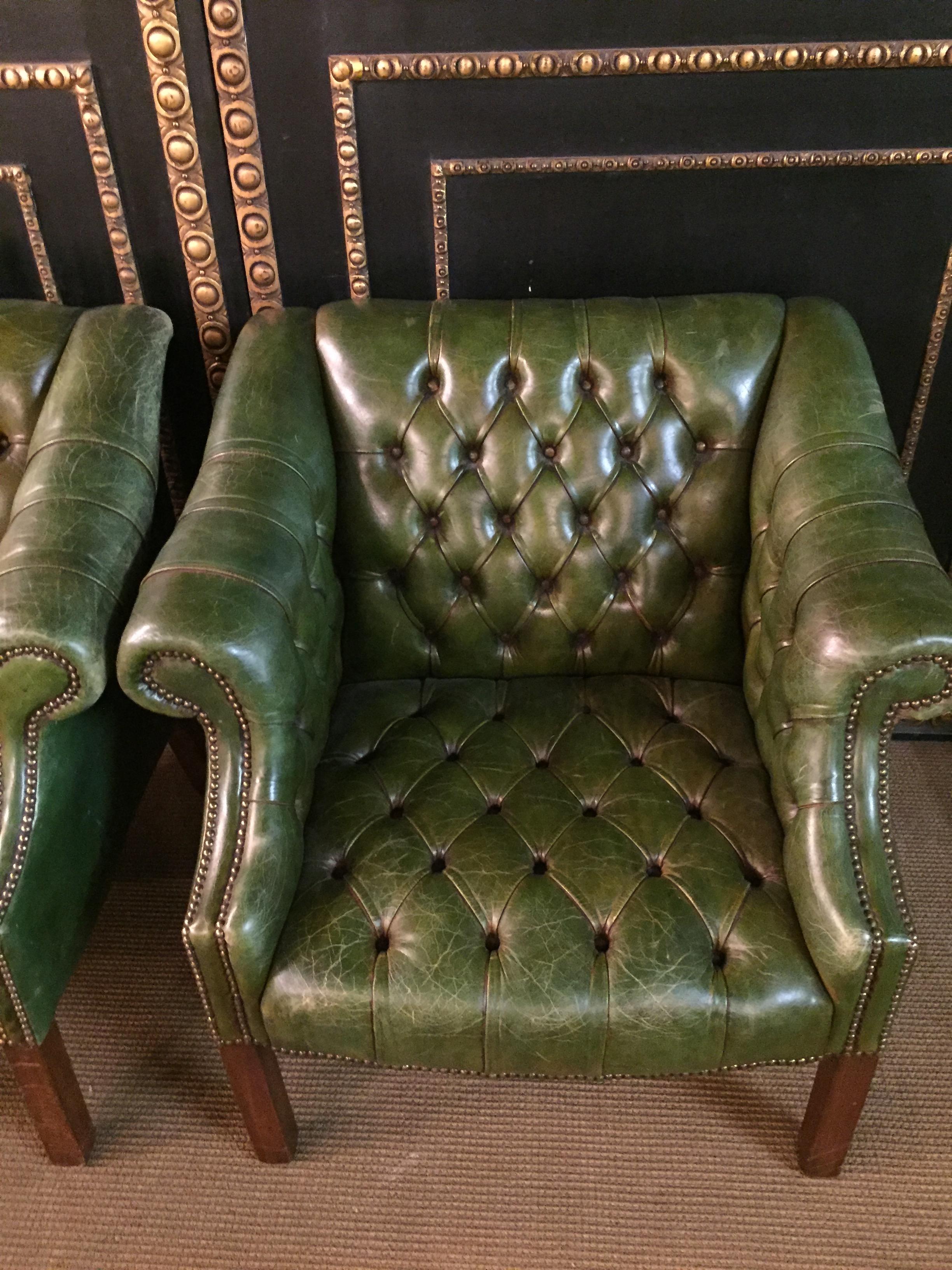 Original Chesterfield Set Big Sofa and 2 Armchairs in Faded Green from 1978 9