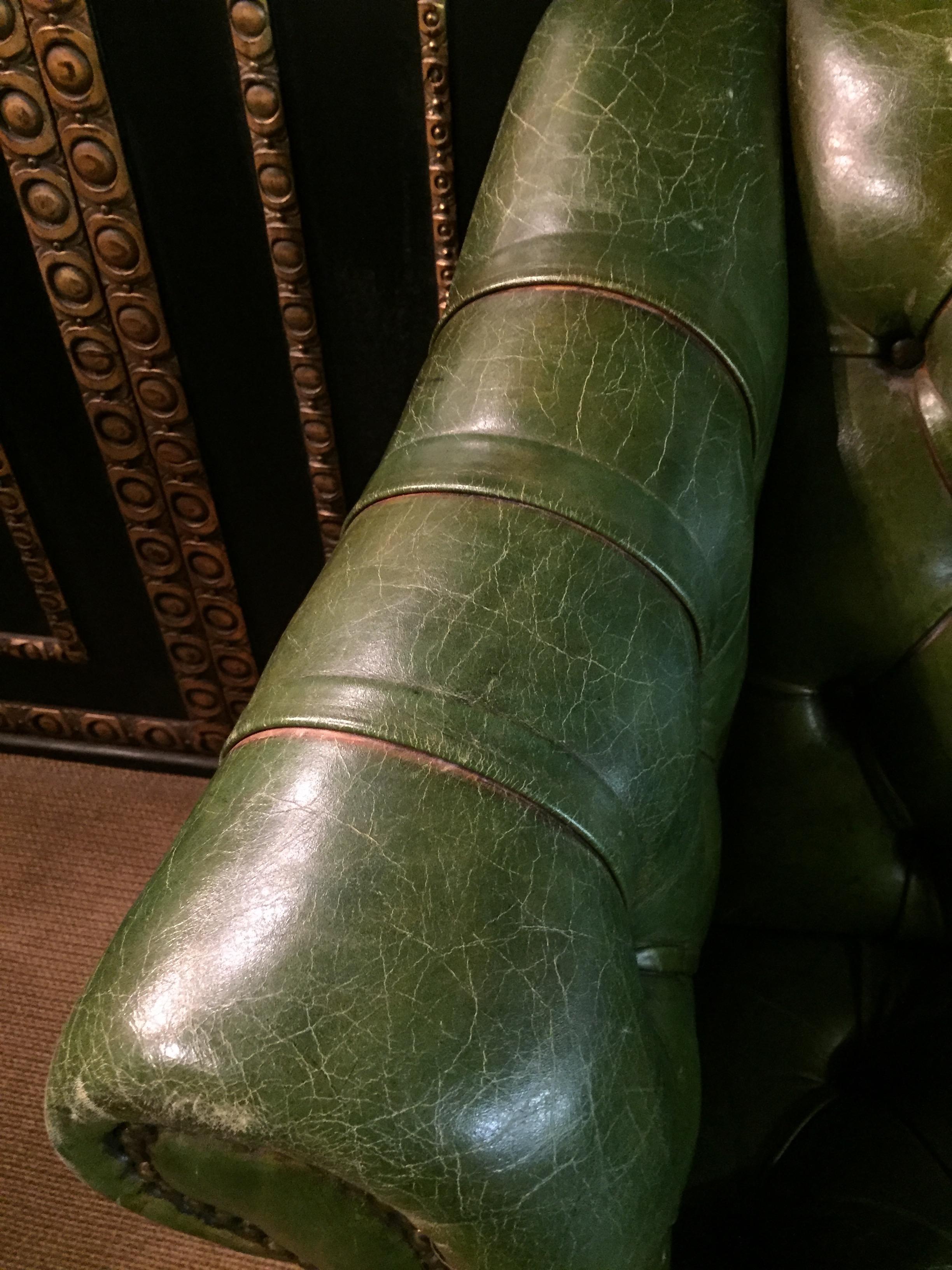 Original Chesterfield Set Big Sofa and 2 Armchairs in Faded Green from 1978 10