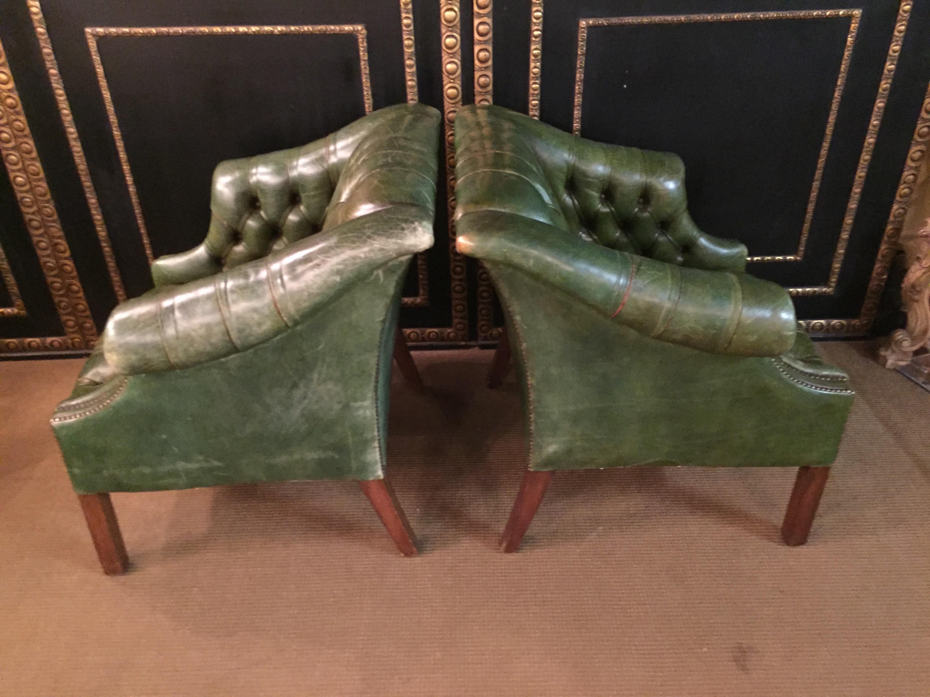 Original Chesterfield Set Big Sofa and 2 Armchairs in Faded Green from 1978 11