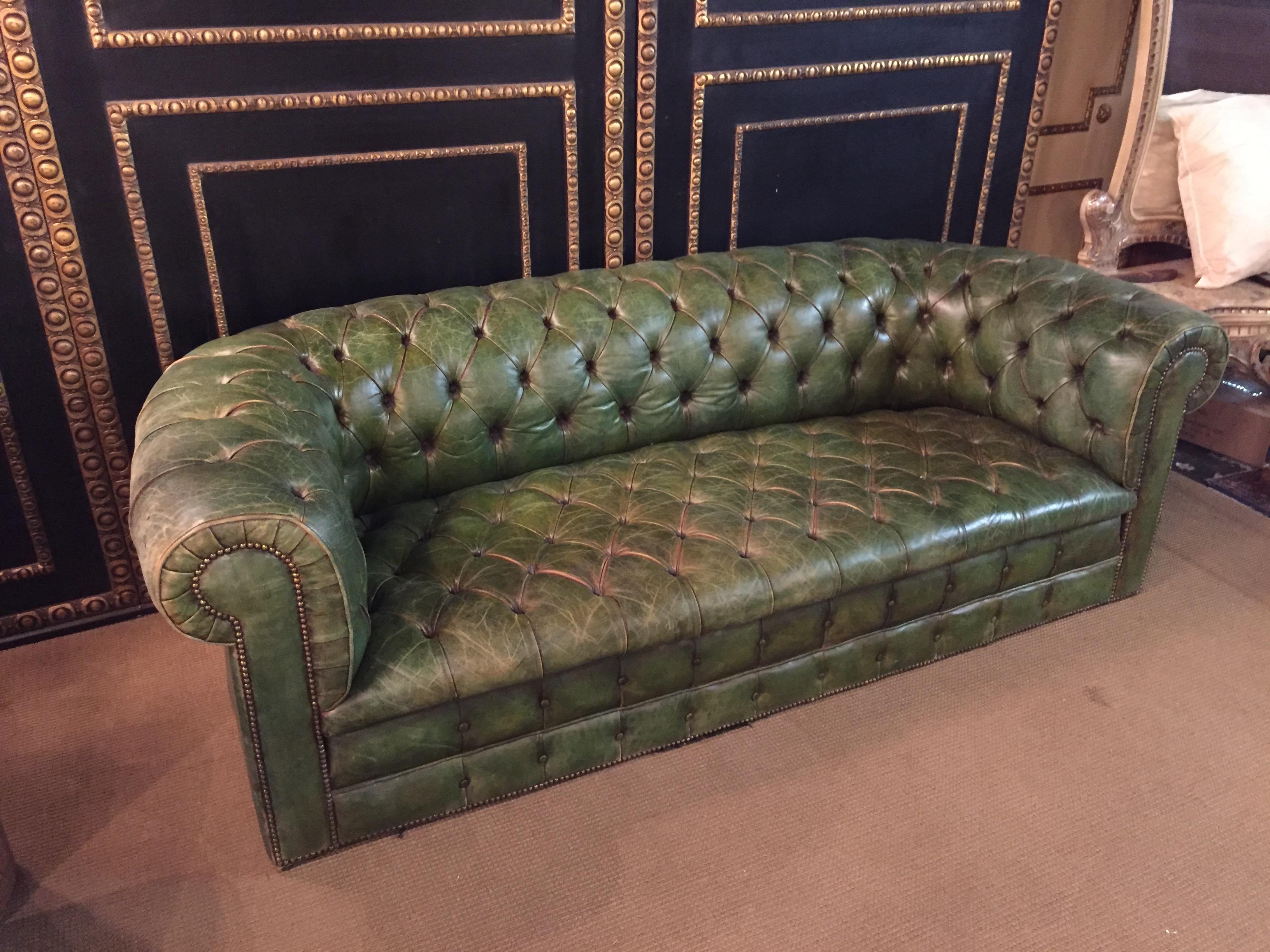 English Original Chesterfield Set Big Sofa and 2 Armchairs in Faded Green from 1978