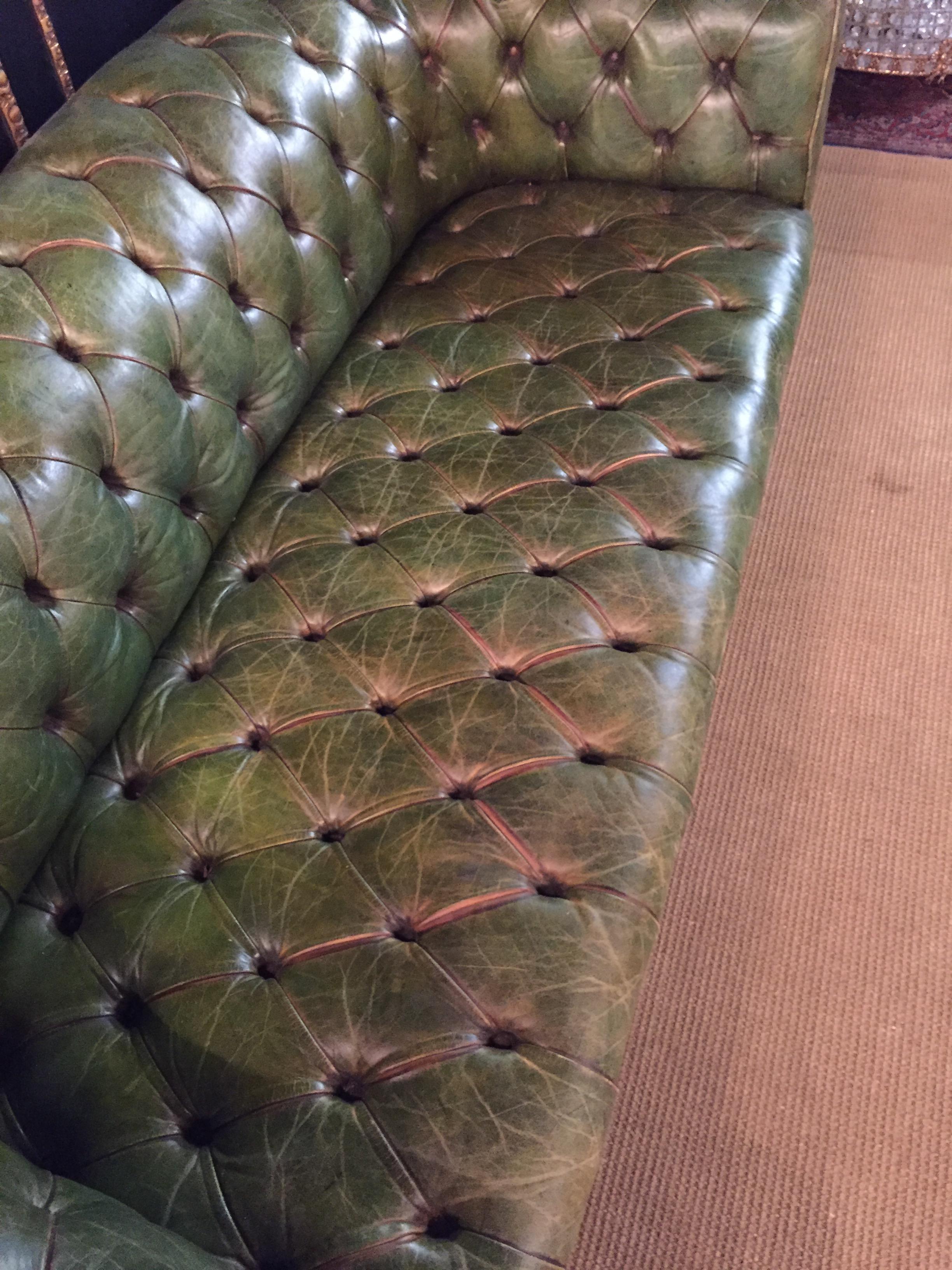 20th Century Original Chesterfield Set Big Sofa and 2 Armchairs in Faded Green from 1978