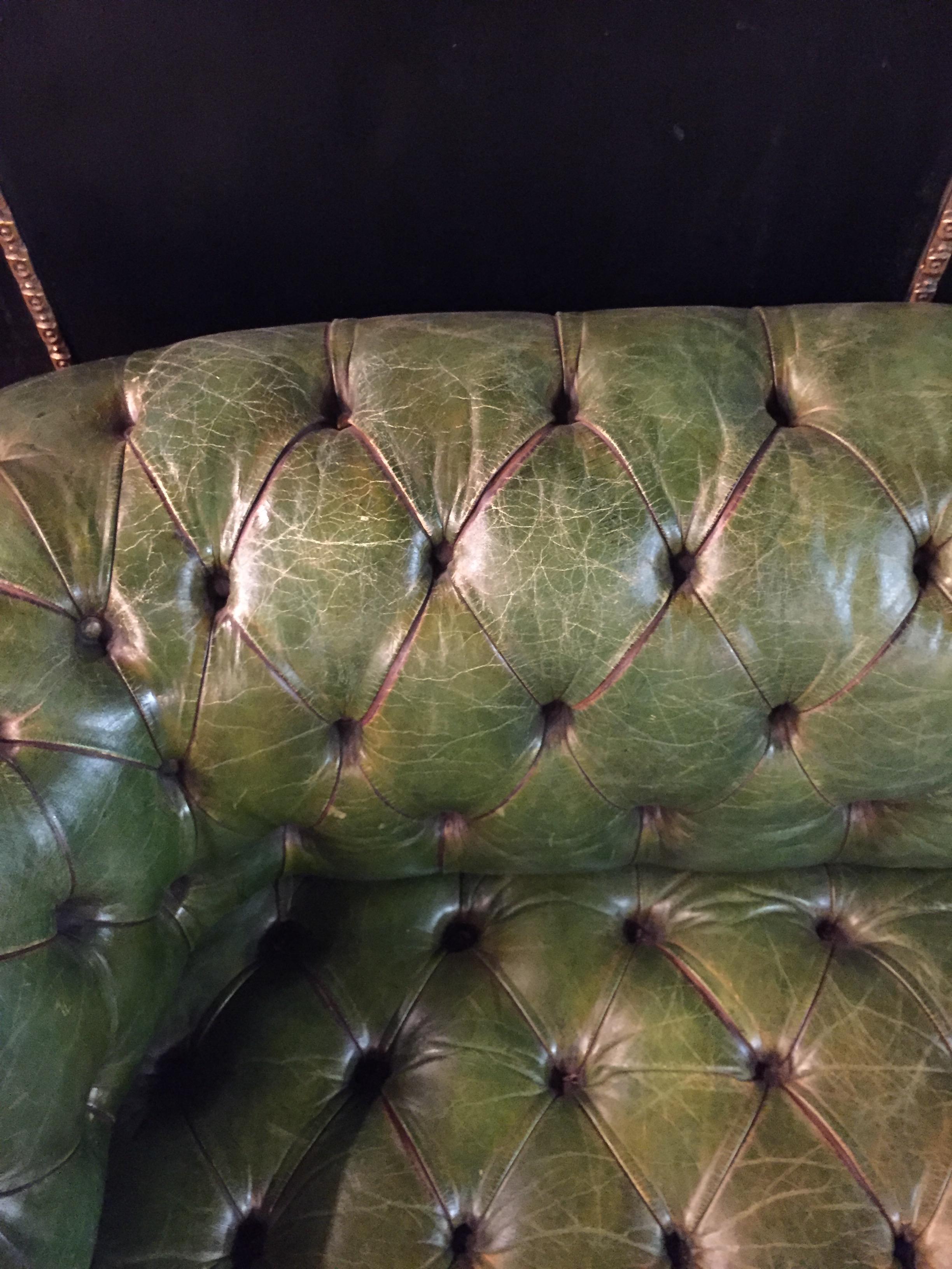 Leather Original Chesterfield Set Big Sofa and 2 Armchairs in Faded Green from 1978