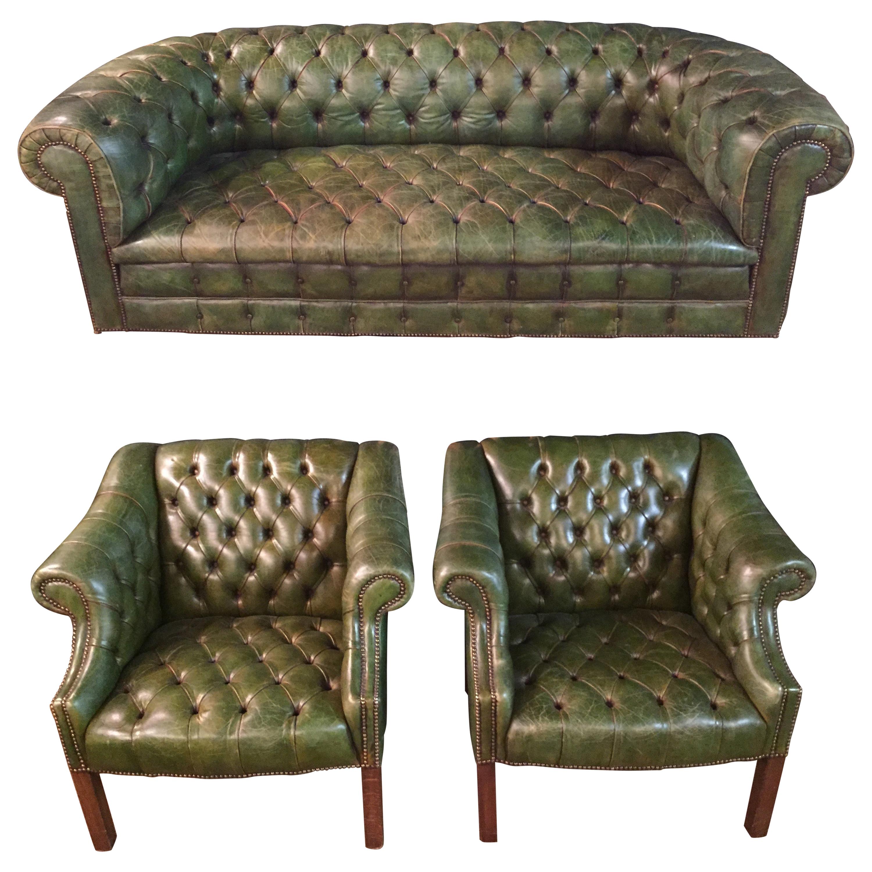 Original Chesterfield Set Big Sofa and 2 Armchairs in Faded Green from 1978