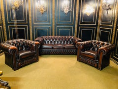 Original Chesterfield Set Three-Seat Sofa and 2 Armchairs Oxblood by Centurion