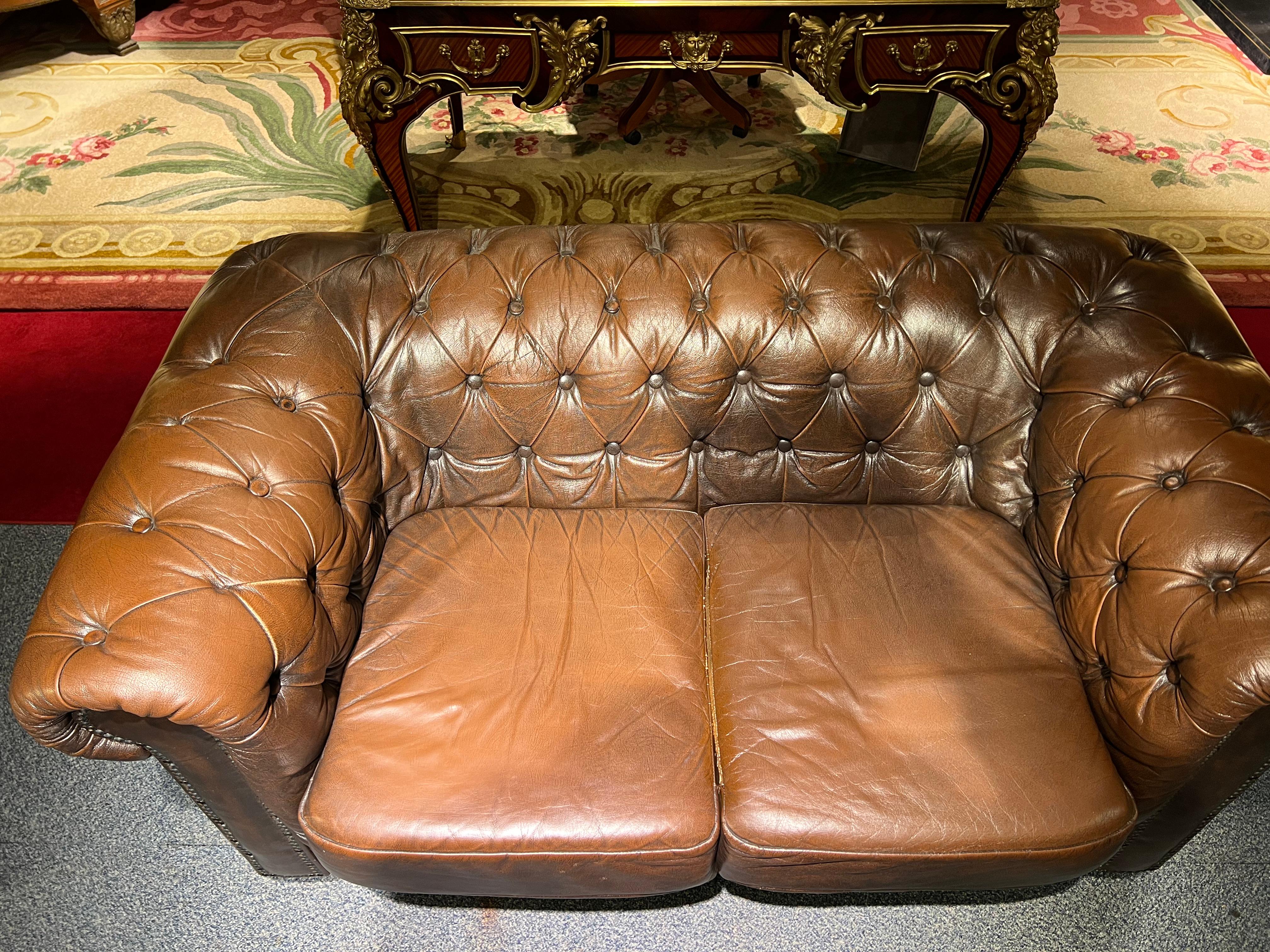 Original Chesterfield Vintage Brown Chesterfield Two-Seater Sofa 9