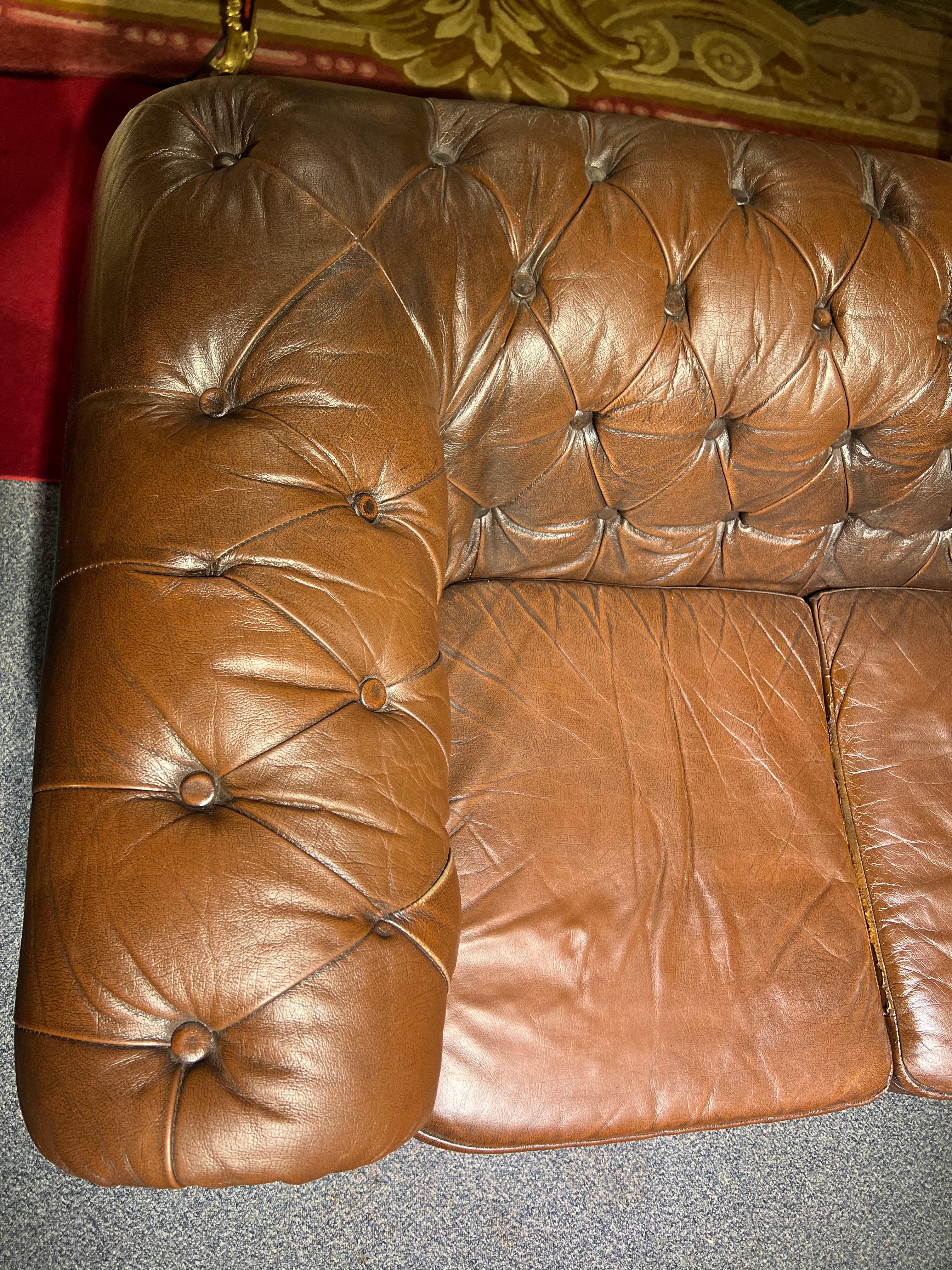English Original Chesterfield Vintage Brown Chesterfield Two-Seater Sofa