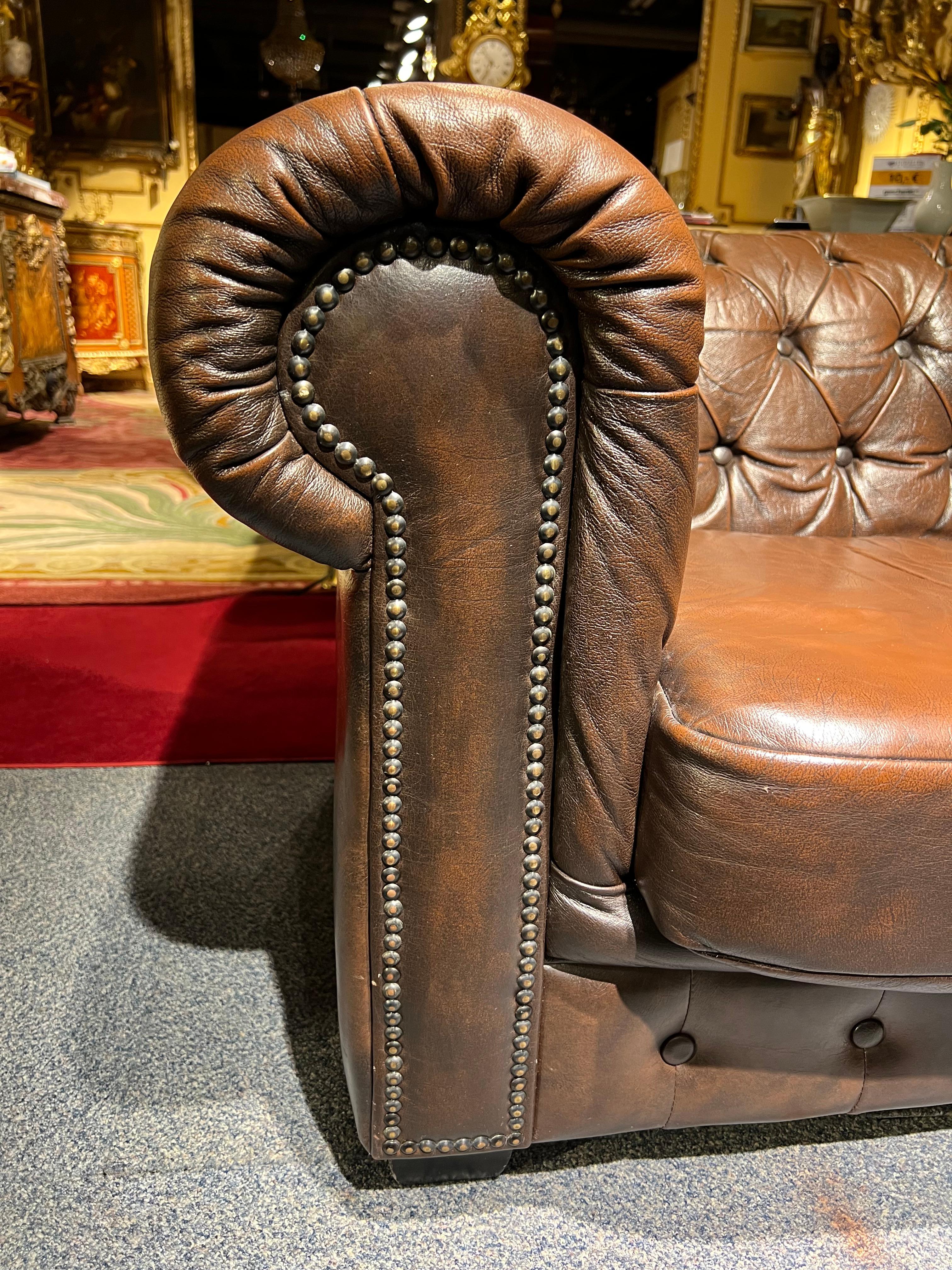 20th Century Original Chesterfield Vintage Brown Chesterfield Two-Seater Sofa