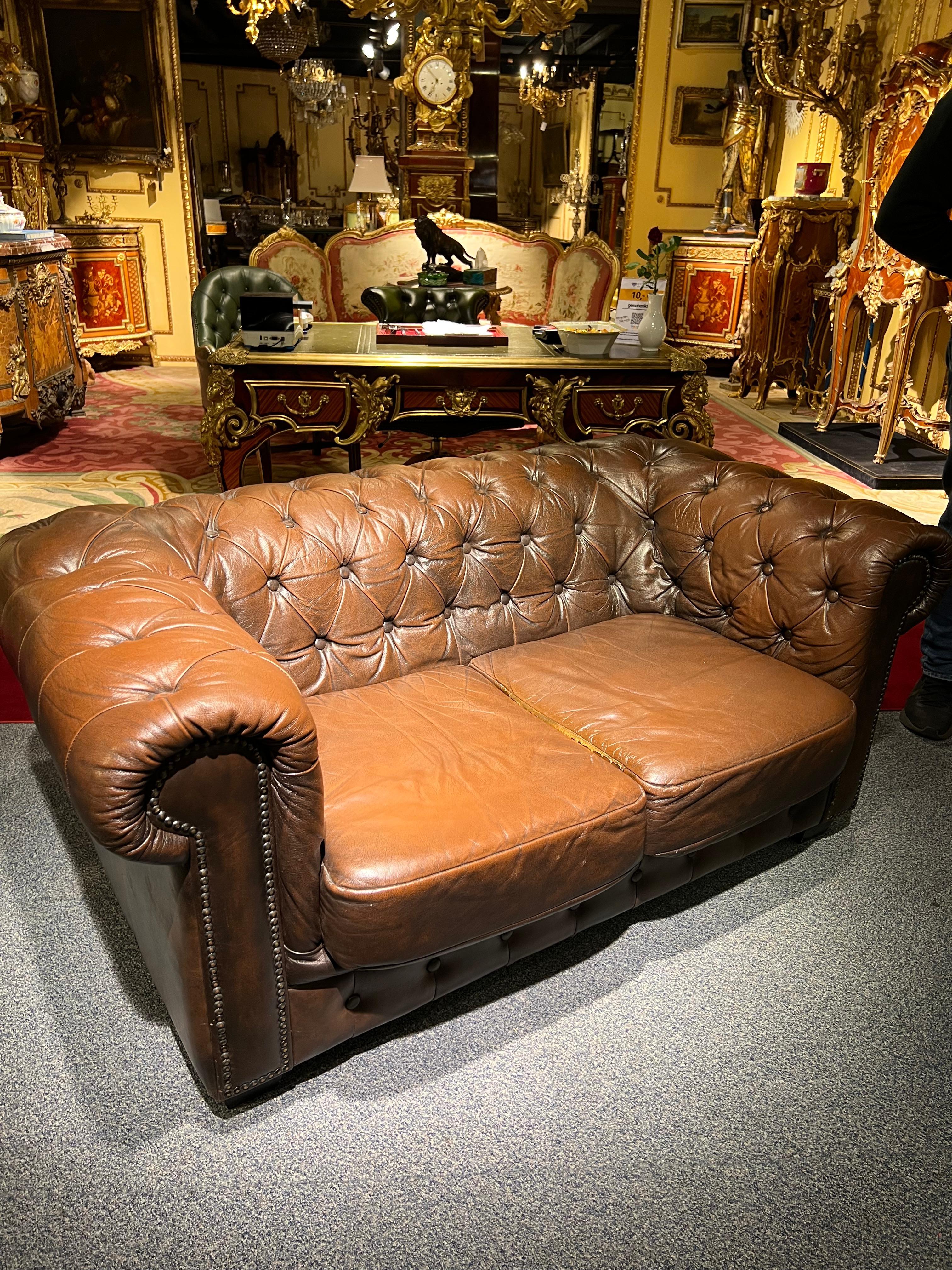 Original Chesterfield Vintage Brown Chesterfield Two-Seater Sofa 1